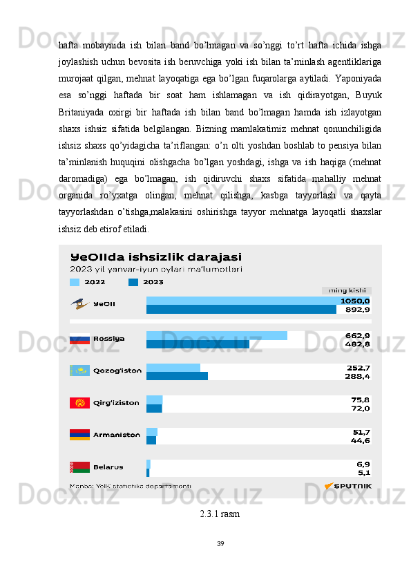 hafta   mobaynida   ish   bilan   band   bo’lmagan   va   so’nggi   to’rt   hafta   ichida   ishga
joylashish   uchun   bevosita   ish   beruvchiga   yoki   ish   bilan   ta’minlash   agentliklariga
murojaat  qilgan,  mehnat   layoqatiga  ega  bo’lgan  fuqarolarga  aytiladi.  Yaponiyada
esa   so’nggi   haftada   bir   soat   ham   ishlamagan   va   ish   qidirayotgan,   Buyuk
Britaniyada   oxirgi   bir   haftada   ish   bilan   band   bo’lmagan   hamda   ish   izlayotgan
shaxs   ishsiz   sifatida   belgilangan.   Bizning   mamlakatimiz   mehnat   qonunchiligida
ishsiz   shaxs   qo’yidagicha   ta’riflangan:   o’n   olti   yoshdan   boshlab   to   pensiya   bilan
ta’minlanish   huquqini   olishgacha   bo’lgan   yoshdagi,   ishga   va   ish   haqiga   (mehnat
daromadiga)   ega   bo’lmagan,   ish   qidiruvchi   shaxs   sifatida   mahalliy   mehnat
organida   ro’yxatga   olingan,   mehnat   qilishga,   kasbga   tayyorlash   va   qayta
tayyorlashdan   o’tishga,malakasini   oshirishga   tayyor   mehnatga   layoqatli   shaxslar
ishsiz deb etirof etiladi.
                                                2.3.1 rasm 
39 