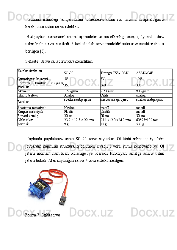   Issıxana   ishindegi   temperaturanı   tómenletiw   ushın   ıssı   hawanı   sırtqa   shıg2arıw
kerek, onıń ushın servo isletiledi.
  Bul   joybar   ıssıxananıń   shamalıq   modelin   usınıs   etkenligi   sebepli,   áynekti   ashıw
ushın kishi servo isletiledi. 5-kestede úsh servo modeldiń salıstırıw xarakteristikası
berilgen [3].
5-Keste. Servo salıstırıw xarakteristikası
Xarakteristika atı
S	
Ǵ-90 Turnigy   TSS-10M	Ǵ ASMC-04B
Quwatla	
g2ısh kernewi  5V 5V 12V
Rotordıń   burılıw   múyeshi,
gradusta 360 360 300
Moment 1.6   kg/sm 2.2   kg/sm 90   kg/sm
Ishki interfeys Analog Cifrlı analog
Burılıw strelka saatqa qarsı  strelka saatqa qarsı  strelka saatqa qarsı 
Sherterna materiyalı Neylon metall metall
Korpus materiyalı Plastic plastik metall
Provod uzınlı	
g2ı 20   sm 20   sm 30   sm
Ólshemleri 23.2   ×   12.5 ×   22 mm 23.1 x12.0   x24.9   mm 60*95*102   mm
Awırlı	
g2ı 9 g 15 g 530 g
  Joybarda   paydalanıw   ushın   S	
Ǵ	-90   servo   sayladım.   Ol   kishi   salmaqqa   iye   hám
joybardıń kópshilik strukturalıq bólimleri  sıyaqlı  5 voltli jumıs kernewine iye. Ol
jeterli   moment   hám   kishi   kólemge   iye.   Kerekli   funkciyanı   ámelge   asırıw   ushın
jeterli boladı. Men saylan	
g2an servo 7-súwretde kórsetilgen.
Forma 7. Sg90 servo 