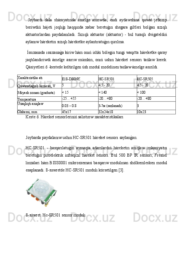   Joybardı   dala   shárayatında   ámelge   asırıwda,   endi   aydawshına   quwat   jetkizip
beriwdiń   hájeti   joqlıg2ı   haqqında   xabar   beretu	g2ın   shegara   giltleri   bol	g2an   sızıqlı
aktuatorlardan   paydalanıladı.   Sızıqlı   aktuator   (aktuator)   -   bul   turaqlı   dvigateldiń
aylanıw háreketin sızıqlı háreketke aylantıratu	
g2ın qurılma.
 Íssıxanada ıssıxana	
g2a kiriw hám onıń ishki bólegin tungi waqıtta háreketke qaray
jaqtılandıriwdi   ámelge   asırıw   múmkin,   onıń   ushın   háreket   sensorı   tańlaw   kerek.
Qásiyetleri 6 -kestede keltirilgen úsh modul modelinen tańlaw ámelge asırıldı.
Xarakteristika atı
E18-D80NK HC-SR501 HC-SR505
Quwwatla	
g2ısh kernewi, V 5 4.5 -   20 4.5 -   20
Múyesh zonası (gradusta) <   15 <   140 <   100
Temperatura -25…+55 -20…+80 -20…+80
Uzaqlıqtı anıqlaw
0.03 – 0.8 3-7м   (sazlanadı) 3
Ólshemi, mm 45х17 32х24х18 10х23
Keste 6. Háreket sensorleriniń salıstırıw xarakteristikaları
Joybarda paydalanıw ushın HC-SR501 háreket sensorı saylan	
g2an.
HC-SR501   -   basqarılatu	
g2ın   aymaqta   adamlardıń   háreketin   anıqlaw   imkaniyatın
beretu	
g2ın   piroelektrik   infraqızıl   háreket   sensorı.   Bul   500   BP   IR   sensorı,   Fresnel
linzalari hám BISS0001 mikrosxemasi basqarıw modulınan shólkemlesken modul
esaplanadı.  8- suwretde   HC - SR 501  modul ı  k ó rsetilgen  [3].
8- s ú wret .  Hc - SR 501  sensor   modul ı 