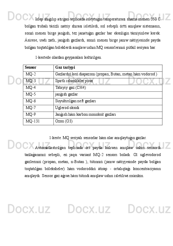 Islep shıg2ılıp atır	g2an teplicada isleytu	g2ın temperaturası shama menen 350 C
bol	
g2an   trubalı   tárizli   natriy   shırası   isletiledi,   sol   sebepli   órtti   anıqlaw   sistemasın,
sonıń   menen   birge   jan	
g2ısh,   tez   janatu	g2ın   gazlar   bar   ekenligin   támiyinlew   kerek.
Ásirese,   uwlı   zatlı,   jan	
g2ısh   gazlardı,   sonıń   menen   birge   janıw   nátiyjesinde   payda
bol	
g2an toqtatıl	g2an bóleklerdi anıqlaw ushın MQ sensorlerınıń pútkil seriyası bar. 
1-kestede olardan geyparaları keltirilgen.
Sensor Gaz tariypi
 MQ-2 Ǵ	
azlardıń keń diapazonı (propan, Butan, metan hám vodorod )
 MQ-3 Spirtli ishimlikler puwı
 MQ-4 Tábiyiy gaz (CH4)
 MQ-5 jan
g2ısh gazlar 
 MQ-6 Suyultırıl	
g2an neft gazları 
 MQ-7 Uglerod oksidi
 MQ-9 Jan	
g2ısh hám karbon monoksit gazları 
 MQ-131 Ozon (O3)
1-keste. MQ seriyalı sensorlar hám olar anıqlaytu	
g2ın gazlar.
Avtomatlastırıl	
g2an   teplicada   órt   payda   bolıwın   anıqlaw   ushın   sensordı
tańla	
g2anımız   sebepli,   eń   jaqsı   variant   MQ-2   sensorı   boladı.   Ol   uglevodorod
gazleriniń   (propan,   metan,   n-Butan   ),   tútinniń   (janıw   nátiyjesinde   payda   bol	
g2an
toqtatıl	
g2an   bóleksheler)   hám   vodoroddıń   átirap   -   ortalıqta	g2ı   koncentraciyasın
anıqlaydı. Sensor gaz a	
g2ıwı hám tútindi anıqlaw ushın isletiliwi múmkin.  