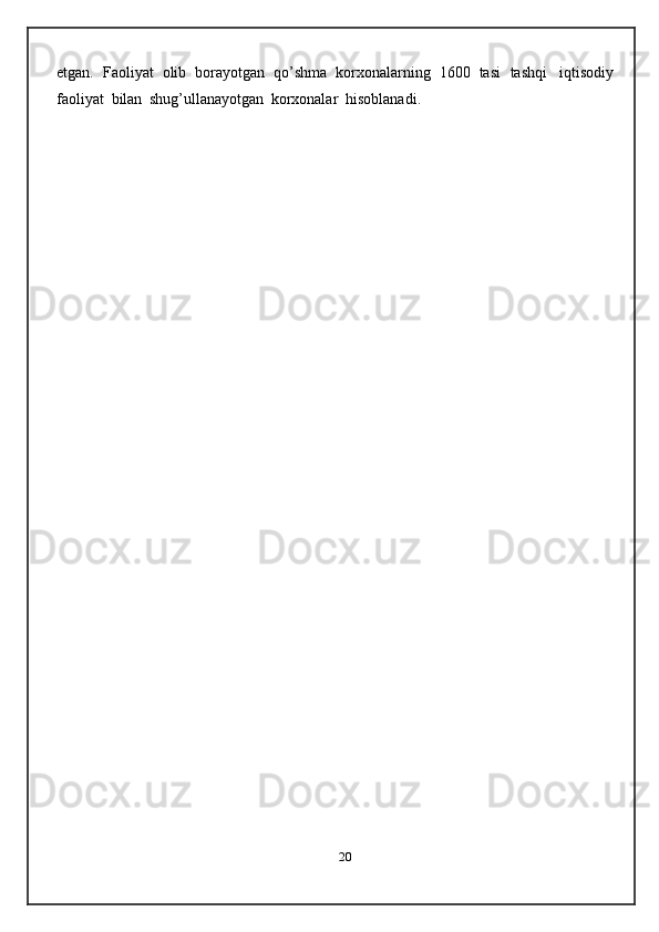 etgan.   Faoliyat   olib   borayotgan   qo’shma   korxonalarning   1600   tasi   tashqi   iqtisodiy
faoliyat   bilan   shug’ullanayotgan   korxonalar   hisoblanadi.
20
