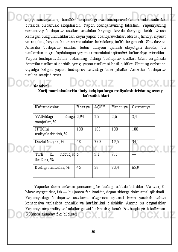 aqliy   xususiyatlari,   bandlik   barqarorligi   va   boshqaruvchilar   hamda   xodimlar
o'rtasida   birdamlak   aloqalaridir.   Yapon   boshqaruvining   falsafasi.   Yaponiyaning
zamonaviy   boshqaruv   usullari   urushdan   keyingi   davrda   dunyoga   keldi.   Urush
keltirgan buzg'unchiliklardan keyin yapon boshqaruvchilari oldida ijtimoiy, siyosat
va   raqobat,   hayotni   ko'tarish   masalalari   ko'ndalang   bo'lib   turgan   edi.   Shu   davrda
Amerika   boshqaruv   usullari   butun   dunyoni   qamrab   olayotgan   davrda,   bu
usullardan   to'g'ri   foydalangan  yaponlar   mamlakat   iqtisodini   ko'tarishga   erishdilar.
Yapon   boshqaruvchilari   o'zlarining   oldingi   boshqaruv   usullari   bilan   birgalikda
Amerika usullarini qo'shib, yangi yapon usullarini hosil qildilar. Shuning oqibatida
vujudga   kelgan   yapon   boshqaruv   usulidagi   ba'zi   jihatlar   Amerika   boshqaruv
usulida   mayjud   emas.
6-jadval
Xorij   mamlakatlarida   ilmiy   tadqiqotfarga   moliyalashtirishning   asosiy
ko'rsatkichlari
Ko'rsatkichlar Rossiya AQSH Yaponiya Germaniya
YAIMdagi ilmga
xarajatlar,   % 0,94 2,5 2,6 2,4
ITTKIni
moliyalashtirish,   % 100 100 100 100
Davlat   budjeti,   % 48 35,8 19,5 34,1
Turli xil nobudjet
fondlari,   %6 5,1 7,   1	—
Boshqa   manbalar,   % 46 59 73,4 65,9
Yaponlar   doim   o'zlarini   jamoaning   bir   bo'lagi   sifatida   biladilar.   Va   ular,   E.
Mayo aytganidek, ish — bu jamoa faoliyatidir, degan shiorga doim amal qilishadi.
Yaponiyadagi   boshqaruv   usullarini   o'zgarishi   optimal   tizim   yaratish   uchun
konsepsiya   tanlashda   erkinlik   va   hurfikrlikni   o'sishidir.   Ammo   bu   o'zgarishlar
Yaponiyaning milliy urf-odatlariga zid bo'lmasligi kerak. Bu haqda yirik tadbirkor
S.Xonda   shunday   fikr   bildiradi:
30 