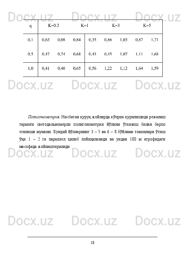 Полигонометрия.  Нисбатан қуруқ жойларда кўприк қурилишида режалаш
тармоғи   светодальномерли   полигонометрия   йўлини   ўтказиш   билан   барпо
этилиши мумкин .   Бундай йўлларнинг 3 – 5 ва 6 – 8 бўйлама томонлари ўтиш
ўқи   1   –   2   га   параллел   қилиб   лойиҳаланади   ва   ундан   100   м   атрофидаги
масофада жойлаштирилади.
18 