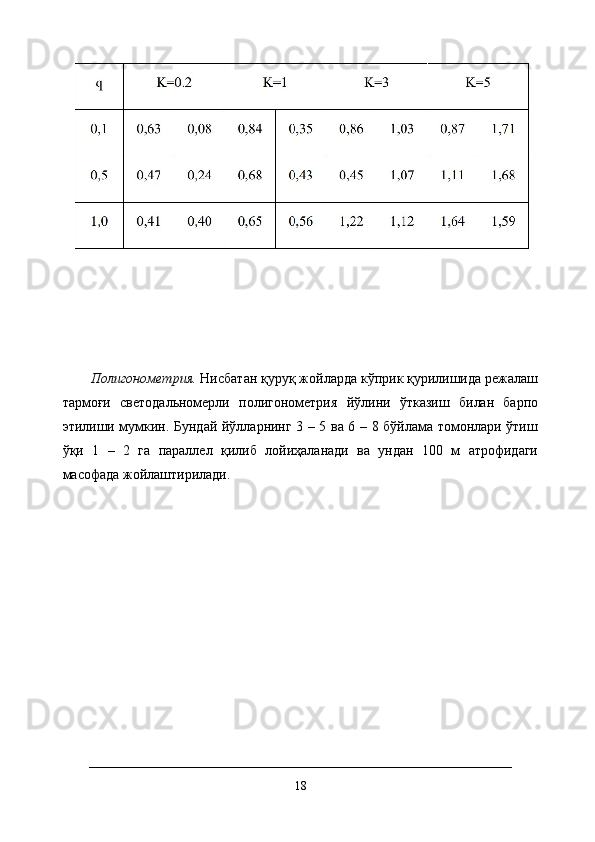 Полигонометрия.  Нисбатан қуруқ жойларда кўприк қурилишида режалаш
тармоғи   светодальномерли   полигонометрия   йўлини   ўтказиш   билан   барпо
этилиши мумкин .   Бундай йўлларнинг 3 – 5 ва 6 – 8 бўйлама томонлари ўтиш
ўқи   1   –   2   га   параллел   қилиб   лойиҳаланади   ва   ундан   100   м   атрофидаги
масофада жойлаштирилади.
18