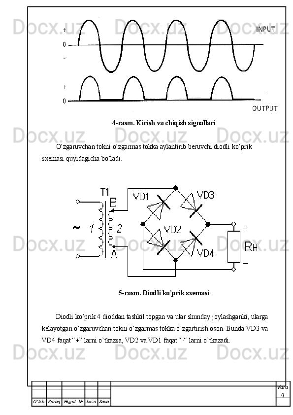 4-rasm. Kirish va chiqish signallari
O’zgaruvchan tokni o’zgarmas tokka aylantirib beruvchi diodli ko’prik 
sxemasi quyidagicha bo’ladi.
5-rasm. Diodli ko’prik sxemasi
Diodli ko’prik 4 dioddan tashkil topgan va ular shunday joylashganki, ularga 
kelayotgan o’zgaruvchan tokni o’zgarmas tokka o’zgartirish oson. Bunda VD3 va 
VD4 faqat “+” larni o’tkazsa, VD2 va VD1 faqat “-“ larni o’tkazadi. 
Vara
q
O ’ lch Varaq Hujjat   № Imzo Sana 