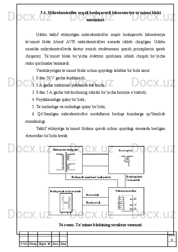 3.4. Mikrokontroller orqali boshqaruvli laboratoriya ta’minot bloki
sxemalari
Ushbu   taklif   etilayotgan   mikrokontroller   orqali   boshqaruvli   laboratoriya
ta’minot   bloki   Atmel   AVR   mikrokontrolleri   asosida   ishlab   chiqilgan.   Ushbu
misolda   mikrokontrollerda   dastur   yozish   strukturasini   qurish   prinsiplarini   qarab
chiqamiz.   Ta’minot   bloki   bo’yicha   elektron   qurilmani   ishlab   chiqish   bo’yicha
radio qurilmalar tanlanadi. 
Yaratilayotgan ta’minot bloki uchun quyidagi talablar bo’lishi zarur: 
1. 0 dan 50 V gacha kuchlanish;
2. 5  А  gacha maksimal yuklanish tok kuchi;
3. 0 dan 5  А  gacha tok kuchining oshishi bo’yicha himoya o’rnatish;
4. Foydalanishga qulay bo’lishi;
5. Ta’mirlashga va sozlashga qulay bo’lishi;
6.   Qo’llanilgan   mikrokontroller   modullarini   boshqa   tizimlarga   qo’llanilish
mumkinligi.
Taklif   etilayotga   ta’minot   blokini   qurish   uchun   quyidagi   sxemada   berilgan
elementlar bo’lishi kerak.
34-rasm. Ta’minot blokining struktur sxemasi.
Vara
q
O ’ lch Varaq Hujjat   № Imzo Sana 