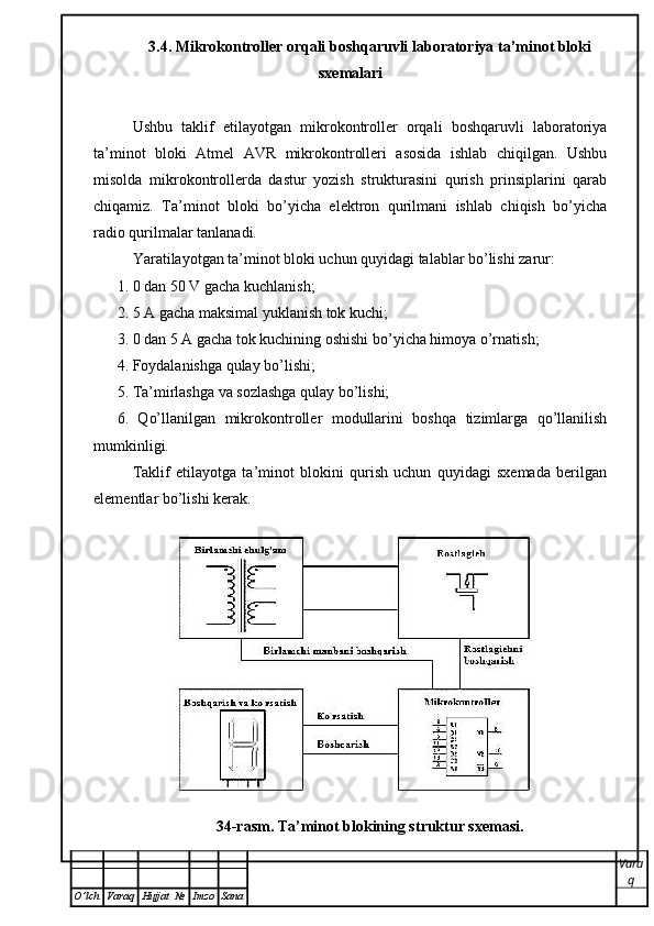 3.4. Mikrokontroller orqali boshqaruvli laboratoriya ta’minot bloki
sxemalari
Ushbu   taklif   etilayotgan   mikrokontroller   orqali   boshqaruvli   laboratoriya
ta’minot   bloki   Atmel   AVR   mikrokontrolleri   asosida   ishlab   chiqilgan.   Ushbu
misolda   mikrokontrollerda   dastur   yozish   strukturasini   qurish   prinsiplarini   qarab
chiqamiz.   Ta’minot   bloki   bo’yicha   elektron   qurilmani   ishlab   chiqish   bo’yicha
radio qurilmalar tanlanadi. 
Yaratilayotgan ta’minot bloki uchun quyidagi talablar bo’lishi zarur: 
1. 0 dan 50 V gacha kuchlanish;
2. 5  А  gacha maksimal yuklanish tok kuchi;
3. 0 dan 5  А  gacha tok kuchining oshishi bo’yicha himoya o’rnatish;
4. Foydalanishga qulay bo’lishi;
5. Ta’mirlashga va sozlashga qulay bo’lishi;
6.   Qo’llanilgan   mikrokontroller   modullarini   boshqa   tizimlarga   qo’llanilish
mumkinligi.
Taklif   etilayotga   ta’minot   blokini   qurish   uchun   quyidagi   sxemada   berilgan
elementlar bo’lishi kerak.
34-rasm. Ta’minot blokining struktur sxemasi.
Vara
q
O ’ lch Varaq Hujjat   № Imzo Sana