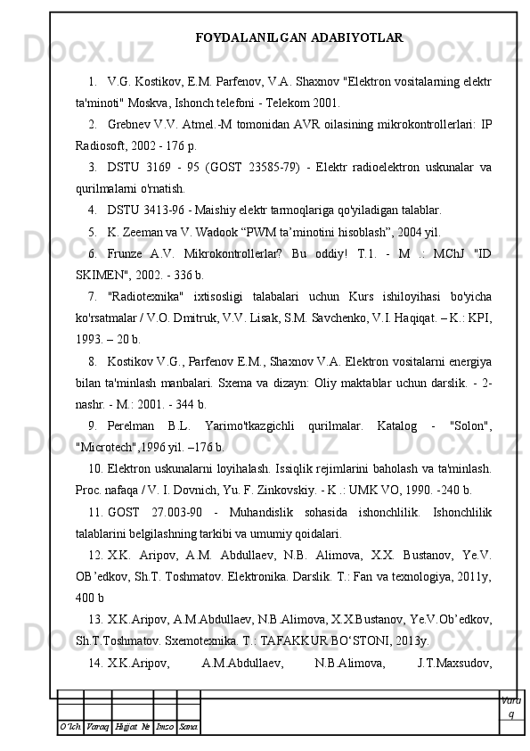 FOYDALANILGAN  ADABIYOTLAR
1. V.G. Kostikov, E.M. Parfenov, V.A. Shaxnov "Elektron vositalarning elektr
ta'minoti" Moskva, Ishonch telefoni - Telekom 2001.
2. Grebnev V.V. Atmel.-M tomonidan AVR oilasining mikrokontrollerlari: IP
Radiosoft, 2002 - 176 p.
3. DSTU   3169   -   95   (GOST   23585-79)   -   Elektr   radioelektron   uskunalar   va
qurilmalarni o'rnatish.
4. DSTU 3413-96 - Maishiy elektr tarmoqlariga qo'yiladigan talablar.
5. K. Zeeman va V. Wadook “PWM ta’minotini hisoblash”, 2004 yil.
6. Frunze   A.V.   Mikrokontrollerlar?   Bu   oddiy!   T.1.   -   M   .:   MChJ   "ID
SKIMEN", 2002. - 336 b.
7. "Radiotexnika"   ixtisosligi   talabalari   uchun   Kurs   ishiloyihasi   bo'yicha
ko'rsatmalar / V.O. Dmitruk, V.V. Lisak, S.M. Savchenko, V.I. Haqiqat. – K.: KPI,
1993. – 20 b.
8. Kostikov V.G., Parfenov E.M., Shaxnov V.A. Elektron vositalarni energiya
bilan   ta'minlash   manbalari.   Sxema   va   dizayn:   Oliy   maktablar   uchun   darslik.   -   2-
nashr. - M.: 2001. - 344 b.
9. Perelman   B.L.   Yarimo'tkazgichli   qurilmalar.   Katalog   -   "Solon",
"Microtech",1996 yil. –176 b.
10. Elektron uskunalarni  loyihalash. Issiqlik rejimlarini  baholash va ta'minlash.
Proc. nafaqa / V. I. Dovnich, Yu. F. Zinkovskiy. - K .: UMK VO, 1990. -240 b.
11. GOST   27.003-90   -   Muhandislik   sohasida   ishonchlilik.   Ishonchlilik
talablarini belgilashning tarkibi va umumiy qoidalari.
12. X.K.   Aripov,   A.M.   Abdullaev,   N.B.   Alimova,   X.X.   Bustanov,   Ye.V.
OB’edkov, Sh.T. Toshmatov. Elektronika. Darslik. T.: Fan va texnologiya, 2011y,
400 b
13. X.K.Aripov, A.M.Abdullaev, N.B.Alimova, X.X.Bustanov, Ye.V.Ob’edkov,
Sh.T.Toshmatov. Sxemotexnika. T.: TAFAKKUR BO‘STONI, 2013y.
14. X.K.Aripov,   A.M.Abdullaev,   N.B.Alimova,   J.T.Maxsudov,
Vara
q
O ’ lch Varaq Hujjat   № Imzo Sana 