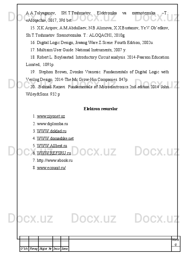 A.A.Tulyaganov,   SH.T.Toshmatov.   Elektronika   va   sxemotexnika.   –T.:
«Aloqachi», 2017, 396 bet.
15. X.K.Aripov, A.M.Abdullaev, N.B.Alimova, X.X.Bustanov, Ye.V.Ob’edkov,
Sh.T.Toshmatov. Sxemotexnika. T.: ALOQACHI, 2010g.
16. Digital Logic Design, Jiwang Ware Z Scene. Fourth Edition, 2002u.
17. Multisim User Guide. National Instruments, 2007 y.
18. Robert L. Boyleastad. Introductory Circuit analysis. 2014-Pearson Education
Limited,  1091p.
19.   Stephon   Brown,   Zvonko   Vranesic.   Fundamentals   of   Digital   Logic   with
Verilog Design. 2014-The Mc Grow-Hin Companies. 847p.
20.   Behzad   Razavi.   Fundamentals   of   Microelectronics.2nd   edition.2014   John
Wiley&Sons. 932 p
Elektron resurslar
1. www.ziyonet.uz   
2. www.diplomba.ru
3. WWW.    doklad.ru   
4. WWW.    domashke.net   
5. WWW.    Allbest.ru   
6. WWW.    REFSRU.ru   
7. http://www.abook.ru
8. www.ecounit.ru/   
Vara
q
O ’ lch Varaq Hujjat   № Imzo Sana