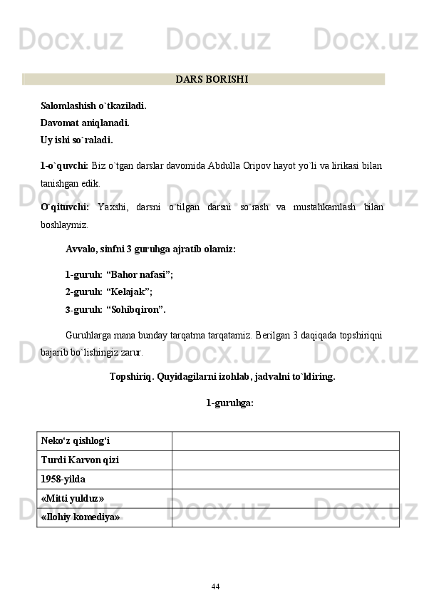  DARS   BORISHI
Salomlashish o`tkaziladi.
Davomat   aniqlanadi.
Uy   ishi   so`raladi.
1-o`quvchi:   Biz   o`tgan   darslar   davomida   Abdulla   Oripov   hayot   yo`li   va   lirikasi   bilan  
tanishgan edik.
O`qituvchi: Yaxshi, darsni o`tilgan darsni so`rash va mustahkamlash bilan
boshlaymiz.
Avvalo,   sinfni   3   guruhga   ajratib   olamiz:
1-guruh: “Bahor nafasi”;
2-guruh:   “Kelajak”;
3- guruh:   “Sohibqiron”.
Guruhlarga   mana   bunday   tarqatma   tarqatamiz.   Berilgan   3   daqiqada   topshiriqni  
bajarib   bo`lishingiz   zarur.
Topshiriq.   Quyidagilarni   izohlab,   jadvalni   to`ldiring.
1-guruhga:
Neko‘z   qishlog‘i
Turdi   Karvon   qizi
1958-yilda
«Mitti   yulduz»
«Ilohiy   komediya»
44 