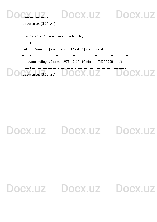 +-------------------+
1 row in set (0.06 sec)
mysql> select * from insuranceschedule;
+----+--------------------+------------+----------------+------------+----------+
| id | fullName      | age    | inseredProduct | sumInsered | lifetime |
+----+--------------------+------------+----------------+------------+----------+
| 1 | Axmadullayev Islom | 1978-10-12 | Nexia     |  75000000 |    12 |
+----+--------------------+------------+----------------+------------+----------+
1 row in set (0.02 sec) 