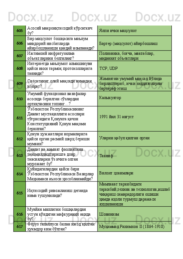 605 Асосий   макроиқтисодий   кўрсаткич 
бу? Ялпи   ички   маҳсулот
606 Бир   маҳсулот   бошқасига   маълум 
миқдорий нисбатларда
айирбошланиши   қандай   номланади? Бартер   (маҳсулот)   айирбошлаш
607 Ижтимоий   инфратузилма
объектларини   белгиланг? Поликника,   боғча,   мактаблар, 
маданият объектлари
608 Интернетда   маълумот   алмашинуви
қайси   икки   тармоқ   протоколларига
таянади? TCP,   UDP
609 Сиёсатнинг   олий   мақсади   нимадан 
иборат? Жамиятни   умумий   мақсад   йўлида
бирлаштириб,   ички   зиддиятларни
бартараф этиш
610 Умумий   функционал   вазифалар 
асосида берилган сўзлардан 
ортиқчасини топинг…? Калыкуятор
611 Ўзбекистон Республикасининг 
Давлат мустақиллиги асослари 
тўғрисидаги Қонунга қачон 
Конституциявий   Қонун   мақоми 
берилган? 1991   йил   31   август
612 Қонун ҳужжатлари нормаларига 
қайси   орган   расмий   шарҳ   бериши 
мумкин? Уларни   қабул   қилган   орган
613 Давлат   ва   жамият   фаолиятини 
такомиллаштиришга доир 
тавсияларни ўз ичига олган
мурожаат   бу? Таклиф
614 Қуйидагилардан   қайси   бири
Ўзбекистон   Республикаси   Вазирлар 
Маҳкамаси аъзоси ҳисобланмайди? Вилоят   ҳокимлари
615 Иқтисодий   ривожланиш   деганда 
нима тушунилади? Мамлакат таркибидаги 
таркибий,техник   ва   технологик,ишлаб 
чиқариш самарадорлиги ошиши
ҳамда   аҳоли   турмуш   даражаси 
яхшиланиши
616 Муайян миллатни бошқалардан 
устун   қўядиган   мафкуравий   ақида
бу? Шовинизм
617 Феруз   тахаллуси   билан   ижод   қилган 
ҳукмдор ким бўлган? Муҳаммад   Рахимхон   II   (1864- 1910) 