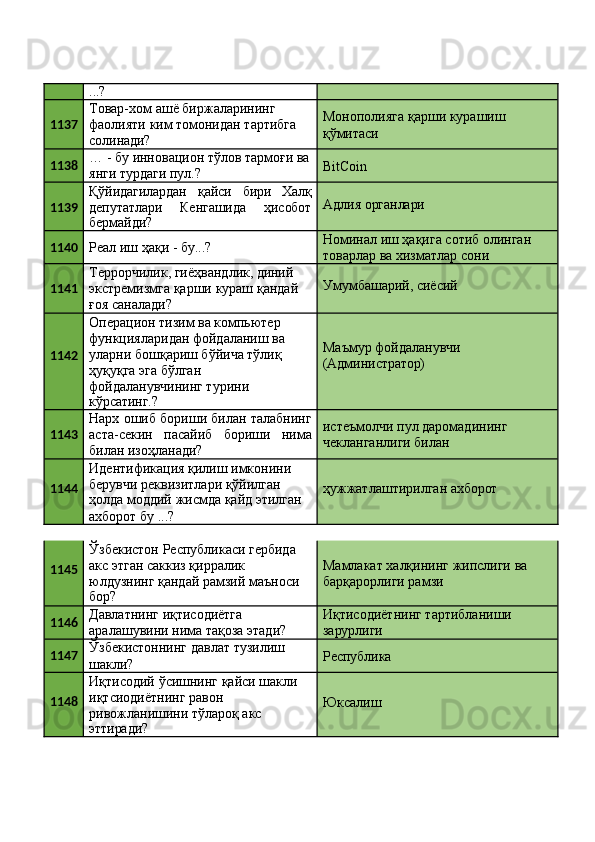...?
1137 Товар-хом ашё биржаларининг 
фаолияти   ким   томонидан   тартибга 
солинади? Монополияга   қарши   курашиш 
қўмитаси
1138 …   -   бу   инновацион   тўлов   тармоғи   ва 
янги турдаги пул.? BitCoin
1139 Қўйидагилардан қайси бири Халқ
депутатлари Кенгашида ҳисобот
бермайди? Адлия   органлари
1140
Реал   иш   ҳақи   -   бу...? Номинал   иш   ҳақига   сотиб   олинган 
товарлар ва хизматлар сони
1141 Террорчилик,   гиёҳвандлик,   диний
экстремизмга   қарши   кураш   қандай 
ғоя саналади? Умумбашарий,   сиёсий
1142 Операцион тизим ва компьютер 
функцияларидан   фойдаланиш   ва 
уларни бошқариш бўйича тўлиқ 
ҳуқуқга эга бўлган 
фойдаланувчининг турини
кўрсатинг.? Маъмур   фойдаланувчи 
(Администратор)
1143 Нарх ошиб бориши билан талабнинг
аста-секин   пасайиб   бориши   нима
билан изоҳланади? истеъмолчи   пул   даромадининг 
чекланганлиги билан
1144 Идентификация қилиш имконини 
берувчи реквизитлари қўйилган
ҳолда   моддий   жисмда   қайд   этилган 
ахборот бу ...? ҳужжатлаштирилган   ахборот
1145 Ўзбекистон Республикаси гербида 
акс этган саккиз қирралик 
юлдузнинг   қандай   рамзий   маъноси
бор? Мамлакат   халқининг   жипслиги   ва 
барқарорлиги рамзи
1146 Давлатнинг иқтисодиётга 
аралашувини   нима   тақоза   этади? Иқтисодиётнинг   тартибланиши 
зарурлиги
1147 Ўзбекистоннинг   давлат   тузилиш 
шакли? Республика
1148 Иқтисодий   ўсишнинг   қайси   шакли 
иқтсиодиётнинг равон 
ривожланишини тўлароқ акс
эттиради? Юксалиш 