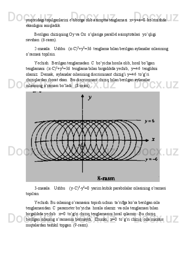 yuqoridagi topilganlarini e’tiborga olib asimptta tenglamasi  x+y+a=0  ko’rinishda 
ekanligini aniqladik.
        Berilgan chiziqning Oy va Ox  o’qlariga parallel asimptotalari  yo’qligi 
ravshan  (6-rasm). 
        2-masala.   Ushbu   (x-C) 2
+y 2
=36  tenglama bilan berilgan aylanalar oilasining
o’ramasi topilsin.
        Yechish.  Berilgan tenglamadan  C  bo’yicha hosila olib, hosil bo’lgan 
tenglamani  (x-C) 2
+y 2
=36  tenglama bilan birgalikda yechib,  y=±6   tenglikni 
olamiz.  Demak,  aylanalar oilasining discriminant chizig’i y=	
±6   to’g’ri 
chiziqlardan iborat ekan.  Bu discriminant chiziq bilan berilgan aylanalar 
oilasining o’ramasi bo’ladi   (8-rasm). 
        3-masala.   Ushbu    (y-C) 3
-y 2
=0  yarim kubik parabolalar oilasining o’ramasi 
topilsin. 
        Yechish. Bu oilaning o’ramasini topish uchun  ta’rifga ko’ra berilgan oila 
tenglamasidan  C  parameter bo’yicha  hosila olamiz  va oila tenglamasi bilan 
birgalikda yechib   x=0  to’g’ri chiziq tenglamasini hosil qilamiz.  Bu chiziq 
berilgan oilaning o’ramasini bermaydi.  Chunki,  x=0  to’g’ri chiziq  oila maxsus 
nuqtalardan tashkil topgan  (9-rasm).