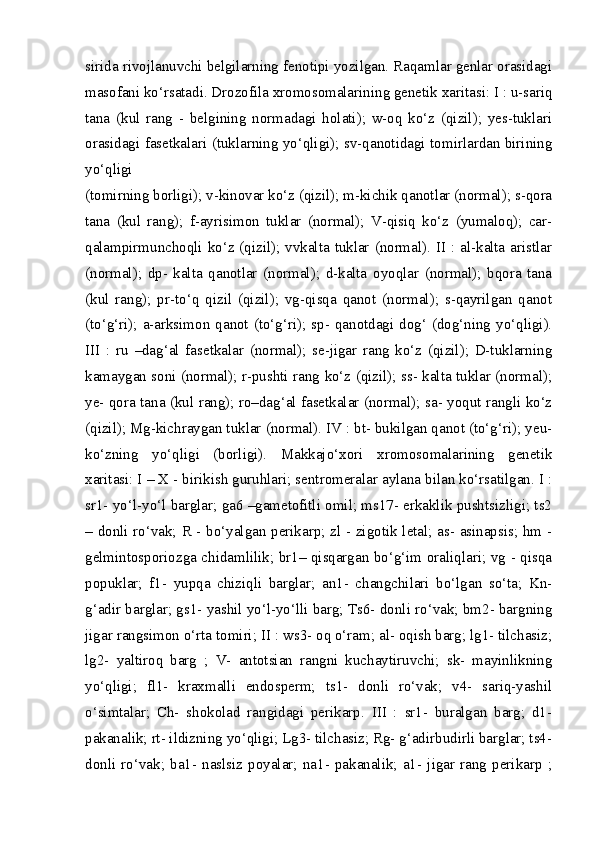 sirida rivojlanuvchi belgilarning fenotipi yozilgan. Raqamlar genlar orasidagi
masofani ko‘rsatadi. Drozofila xromosomalarining genetik xaritasi: I : u-sariq
tana   (kul   rang   -   belgining   normadagi   holati);   w-oq   ko‘z   (qizil);   yes-tuklari
orasidagi fasetkalari (tuklarning yo‘qligi); sv-qanotidagi tomirlardan birining
yo‘qligi 
(tomirning borligi); v-kinovar ko‘z (qizil); m-kichik qanotlar (normal); s-qora
tana   (kul   rang);   f-ayrisimon   tuklar   (normal);   V-qisiq   ko‘z   (yumaloq);   car-
qalampirmunchoqli ko‘z (qizil); vvkalta tuklar (normal). II : al-kalta aristlar
(normal);   dp-   kalta   qanotlar   (normal);   d-kalta   oyoqlar   (normal);   bqora   tana
(kul   rang);   pr-to‘q   qizil   (qizil);   vg-qisqa   qanot   (normal);   s-qayrilgan   qanot
(to‘g‘ri); a-arksimon qanot (to‘g‘ri); sp- qanotdagi dog‘ (dog‘ning yo‘qligi).
III   :   ru   –dag‘al   fasetkalar   (normal);   se-jigar   rang   ko‘z   (qizil);   D-tuklarning
kamaygan soni (normal); r-pushti rang ko‘z (qizil); ss- kalta tuklar (normal);
ye- qora tana (kul rang); ro–dag‘al fasetkalar (normal); sa- yoqut rangli ko‘z
(qizil); Mg-kichraygan tuklar (normal). IV : bt- bukilgan qanot (to‘g‘ri); yeu-
ko‘zning   yo‘qligi   (borligi).   Makkajo‘xori   xromosomalarining   genetik
xaritasi: I – X - birikish guruhlari; sentromeralar aylana bilan ko‘rsatilgan. I :
sr1- yo‘l-yo‘l barglar; ga6 –gametofitli omil; ms17- erkaklik pushtsizligi; ts2
– donli ro‘vak; R - bo‘yalgan perikarp; zl - zigotik letal; as- asinapsis; hm -
gelmintosporiozga chidamlilik; br1– qisqargan bo‘g‘im oraliqlari; vg - qisqa
popuklar;   f1-   yupqa   chiziqli   barglar;   an1-   changchilari   bo‘lgan   so‘ta;   Kn-
g‘adir barglar; gs1- yashil yo‘l-yo‘lli barg; Ts6- donli ro‘vak; bm2- bargning
jigar rangsimon o‘rta tomiri; II : ws3- oq o‘ram; al- oqish barg; lg1- tilchasiz;
lg2-   yaltiroq   barg   ;   V-   antotsian   rangni   kuchaytiruvchi;   sk-   mayinlikning
yo‘qligi;   fl1-   kraxmalli   endosperm;   ts1-   donli   ro‘vak;   v4-   sariq-yashil
o‘simtalar;   Ch-   shokolad   rangidagi   perikarp.   III   :   sr1-   buralgan   barg;   d1-
pakanalik; rt- ildizning yo‘qligi; Lg3- tilchasiz; Rg- g‘adirbudirli barglar; ts4-
donli   ro‘vak;   ba1-   naslsiz   poyalar;   na1-   pakanalik;   a1-   jigar   rang   perikarp   ; 