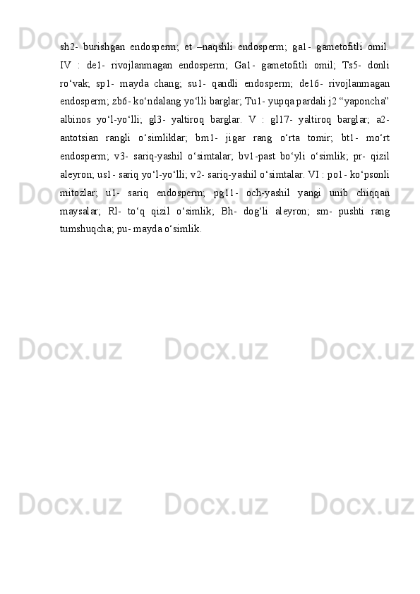 sh2-   burishgan   endosperm;   et   –naqshli   endosperm;   ga1-   gametofitli   omil.
IV   :   de1-   rivojlanmagan   endosperm;   Ga1-   gametofitli   omil;   Ts5-   donli
ro‘vak;   sp1-   mayda   chang;   su1-   qandli   endosperm;   de16-   rivojlanmagan
endosperm; zb6- ko‘ndalang yo‘lli barglar; Tu1- yupqa pardali j2 “yaponcha”
albinos   yo‘l-yo‘lli;   gl3-   yaltiroq   barglar.   V   :   gl17-   yaltiroq   barglar;   a2-
antotsian   rangli   o‘simliklar;   bm1-   jigar   rang   o‘rta   tomir;   bt1-   mo‘rt
endosperm;   v3-   sariq-yashil   o‘simtalar;   bv1-past   bo‘yli   o‘simlik;   pr-   qizil
aleyron; us1- sariq yo‘l-yo‘lli; v2- sariq-yashil o‘simtalar. VI : po1- ko‘psonli
mitozlar;   u1-   sariq   endosperm;   pg11-   och-yashil   yangi   unib   chiqqan
maysalar;   Rl-   to‘q   qizil   o‘simlik;   Bh-   dog‘li   aleyron;   sm-   pushti   rang
tumshuqcha; pu- mayda o‘simlik. 