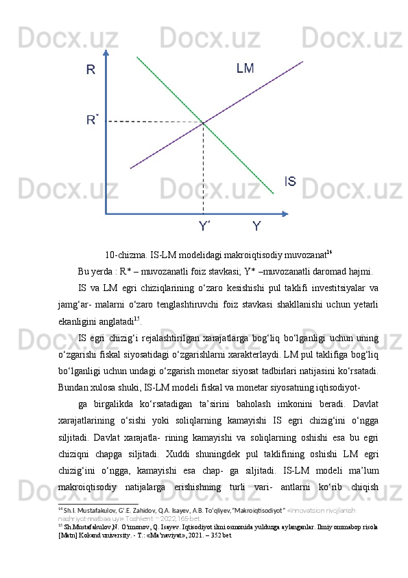 10-chizma. IS-LM modelidagi makroiqtisodiy muvozanat 14
Bu yerda : R* – muvozanatli foiz stavkasi; Y* –muvozanatli daromad hajmi.
IS   va   LM   egri   chiziqlarining   o‘zaro   kesishishi   pul   taklifi   investitsiyalar   va
jamg‘ar-   malarni   o‘zaro   tenglashtiruvchi   foiz   stavkasi   shakllanishi   uchun   yetarli
ekanligini anglatadi 15
.
IS   egri   chizig‘i   rejalashtirilgan   xarajatlarga   bog‘liq   bo‘lganligi   uchun   uning
o‘zgarishi fiskal siyosatidagi o‘zgarishlarni xarakterlaydi. LM pul taklifiga bog‘liq
bo‘lganligi uchun undagi o‘zgarish monetar siyosat tadbirlari natijasini ko‘rsatadi.
Bundan xulosa shuki, IS-LM modeli fiskal va monetar siyosatning iqtisodiyot-
ga   birgalikda   ko‘rsatadigan   ta’sirini   baholash   imkonini   beradi.   Davlat
xarajatlarining   o‘sishi   yoki   soliqlarning   kamayishi   IS   egri   chizig‘ini   o‘ngga
siljitadi.   Davlat   xarajatla-   rining   kamayishi   va   soliqlarning   oshishi   esa   bu   egri
chiziqni   chapga   siljitadi.   Xuddi   shuningdek   pul   taklifining   oshishi   LM   egri
chizig‘ini   o‘ngga,   kamayishi   esa   chap-   ga   siljitadi.   IS-LM   modeli   ma’lum
makroiqtisodiy   natijalarga   erishishning   turli   vari-   antlarni   ko‘rib   chiqish
14
 Sh.I. Mustafakulov, G‘.E. Zahidov, Q.A. Isayev, A.B. To‘qliyev,”Makroiqtisodiyot”  «Innovatsion rivojlanish 
nashriyot-matbaa uyi» Toshkent – 2022,165-bet.
15
  Sh.Mustafakulov,N. O‘rmonov, Q. Isayev. Iqtisodiyot ilmi osmonida yulduzga aylanganlar. Ilmiy ommabop risola
[Matn] Kokand university. - T.: «Ma’naviyat», 2021. – 352 bet 