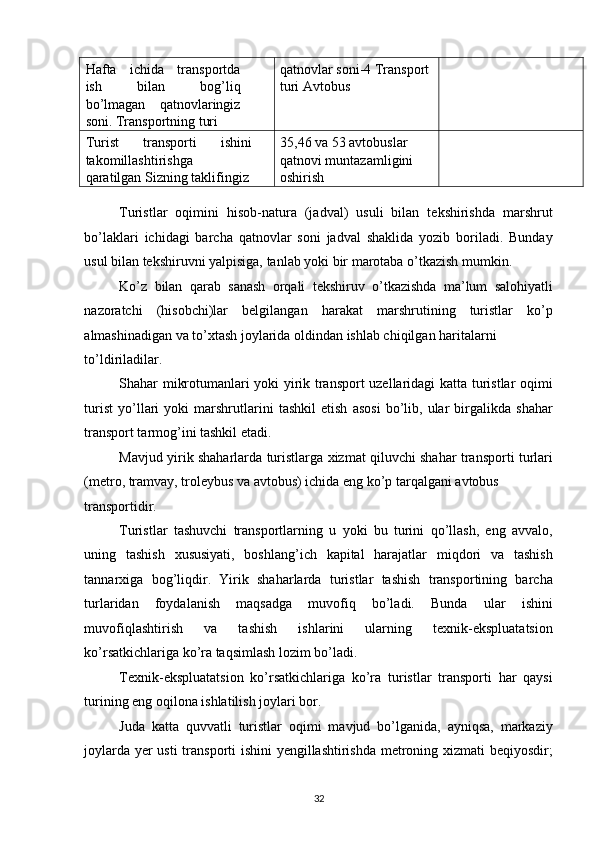 Hafta   ichida   transportda
ish   bilan   bog’liq
bo’lmagan   qatnovlaringiz
soni.  Transportning turi  qatnovlar soni-4 Transport 
turi Avtobus   
Turist   transporti   ishini
takomillashtirishga
qaratilgan Sizning taklifingiz 35,46 va 53 avtobuslar 
qatnovi muntazamligini 
oshirish   
 
Turistlar   oqimini   hisob-natura   (jadval)   usuli   bilan   tekshirishda   marshrut
bo’laklari   ichidagi   barcha   qatnovlar   soni   jadval   shaklida   yozib   boriladi.   Bunday
usul bilan tekshiruvni yalpisiga, tanlab yoki bir marotaba o’tkazish mumkin. 
Ko’z   bilan   qarab   sanash   orqali   tekshiruv   o’tkazishda   ma’lum   salohiyatli
nazoratchi   (hisobchi)lar   belgilangan   harakat   marshrutining   turistlar   ko’p
almashinadigan va to’xtash joylarida oldindan ishlab chiqilgan haritalarni 
to’ldiriladilar. 
Shahar mikrotumanlari yoki yirik transport uzellaridagi katta turistlar oqimi
turist   yo’llari   yoki   marshrutlarini   tashkil   etish   asosi   bo’lib,   ular   birgalikda   shahar
transport tarmog’ini tashkil etadi. 
Mavjud yirik shaharlarda turistlarga xizmat qiluvchi shahar transporti turlari
(metro, tramvay, troleybus va avtobus) ichida eng ko’p tarqalgani avtobus 
transportidir. 
Turistlar   tashuvchi   transportlarning   u   yoki   bu   turini   qo’llash,   eng   avvalo,
uning   tashish   xususiyati,   boshlang’ich   kapital   harajatlar   miqdori   va   tashish
tannarxiga   bog’liqdir.   Yirik   shaharlarda   turistlar   tashish   transportining   barcha
turlaridan   foydalanish   maqsadga   muvofiq   bo’ladi.   Bunda   ular   ishini
muvofiqlashtirish   va   tashish   ishlarini   ularning   texnik-ekspluatatsion
ko’rsatkichlariga ko’ra taqsimlash lozim bo’ladi. 
Texnik-ekspluatatsion   ko’rsatkichlariga   ko’ra   turistlar   transporti   har   qaysi
turining eng oqilona ishlatilish joylari bor. 
Juda   katta   quvvatli   turistlar   oqimi   mavjud   bo’lganida,   ayniqsa,   markaziy
joylarda yer usti  transporti ishini yengillashtirishda metroning xizmati beqiyosdir;
32   