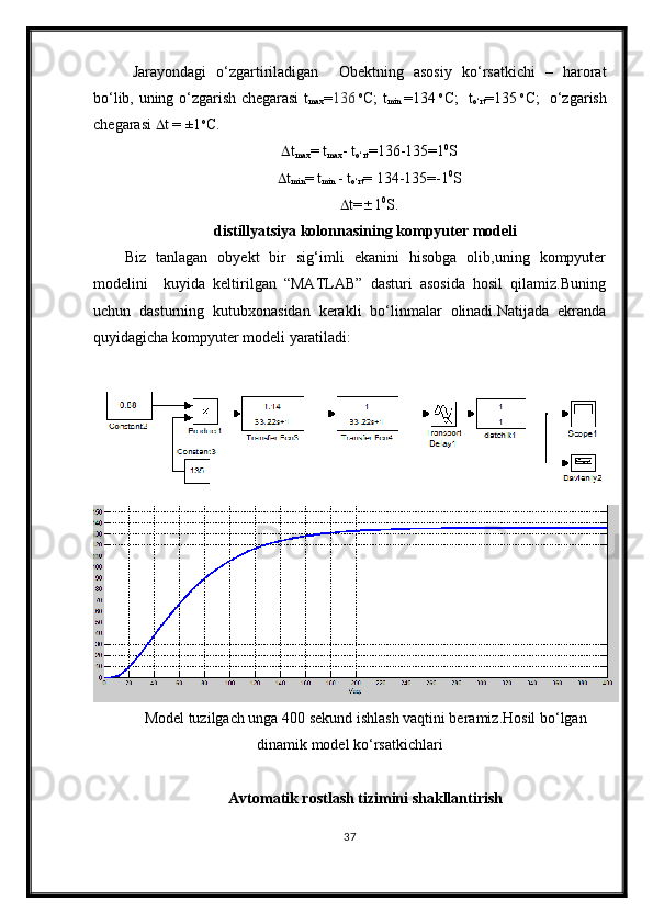 Jarayondagi   о‘zgartiriladigan     Obektning   asosiy   kо‘rsatkichi   –   harorat
bо‘lib, uning о‘zgarish chegarasi t
max = 136   o
C; t
min   =134   o
C;   t
о‘rt =135   o
C;   о‘zgarish
chegarasi   t = ±1 o
C. 
 t
max = t
max - t
о‘rt =136-135=1 0
S
 t
min = t
min  - t
о‘rt = 134-135=-1 0
S
 t=  1 0
S.
distillyatsiya kolonnasining kompyuter modeli 
Biz   tanlagan   obyekt   bir   sig‘imli   ekanini   hisobga   olib,uning   kompyuter
modelini     kuyida   keltirilgan   “MATLAB”   dasturi   asosida   hosil   qilamiz.Buning
uchun   dasturning   kutubxonasidan   kerakli   bо‘linmalar   olinadi.Natijada   ekranda
quyidagicha kompyuter modeli yaratiladi:
Model tuzilgach unga 400 sekund ishlash vaqtini beramiz.Hosil bо‘lgan
dinamik model kо‘rsatkichlari
Avtomatik rostlash tizimini shakllantirish
37 