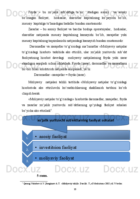 Foyda   –   bu   xo‘jalik   sub’ektiga   ta’sir     etadigan   asosiy     va   asosiy
bo‘lmagan   faoliyat,     hodisalar,   sharoitlar   kapitalining   ko‘payishi   bo‘lib,
xususiy  kapitalga to‘lanadigan badallar bundan mustasnodir. 
Zararlar   –   bu   asosiy   faoliyat   va   barcha   boshqa   operatsiyalar,     hodisalar,
sharoitlar   natijasida   xususiy   kapitalning   kamayishi   bo‘lib,   xarajatlar   yoki
xususiy kapitalning taqsimlanishi natijasidagi kamayish bundan mustasnodir. 
  Daromadlar   va   xarajatlar   to‘g‘risidagi   ma’lumotlar   «Moliyaviy   natijalar
to‘g‘risidagi   hisobot»   tarkibida   aks   ettirilib,   ular   xo‘jalik   yurituvchi   sub’ekt
faoliyatining   hisobot   davrdagi     moliyaviy   natijalarining   foyda   yoki   zarar
ekanligini aniqlash uchun ishlatiladi. Foyda (zarar), daromadlar va xarajatlarni
bir-biri bilan solishtirish natijasida aniqlanadi, ya’ni: 
Daromadlar –xarajatlar = foyda (zarar). 
Moliyaviy     natijalari   tahlili   tartibida   «Moliyaviy   natijalar   to‘g‘risidagi
hisobot»da   aks   ettiriluvchi   ko‘rsatkichlarning   shakllanish   tartibini   ko‘rib
chiqish kerak. 
«Moliyaviy natijalar to‘g‘risidagi» hisobotda daromadlar, xarajatlar, foyda
va   zararlar   xo‘jalik   yurituvchi   sub’ektlarning   qo‘yidagi   faoliyat   sohalari
bo‘yicha aks ettiriladi 6
. 
5-rasm. 
6
 Qarang:Vohobov A.V.,Ibragimov A.T.  «Moliyaviy tahlil». Darslik. T.,»O’zbekiston» 2002 yil.75-betlar.  1. • asosiy faoliyat 
2. • investitsion faoliyat
3. • moliyaviy faoliyatxo’jalik yurituvchi sub’ektlarning faoliyat sohalari
10 