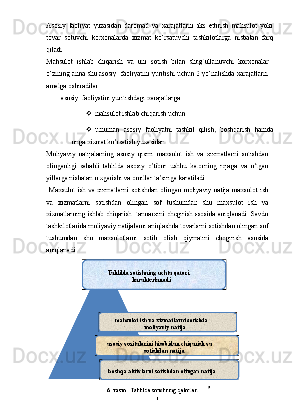 Asosiy   faoliyat   yuzasidan   daromad   va   xarajatlarni   aks   ettirish   mahsulot   yoki
tovar   sotuvchi   korxonalarda   xizmat   ko‘rsatuvchi   tashkilotlarga   nisbatan   farq
qiladi. 
Mahsulot   ishlab   chiqarish   va   uni   sotish   bilan   shug‘ullanuvchi   korxonalar
o‘zining anna shu asosiy   faoliyatini yuritishi uchun 2 yo‘nalishda xarajatlarni
amalga oshiradilar. 
asosiy  faoliyatini yuritishdagi xarajatlarga: 
 mahsulot ishlab chiqarish uchun 
 umuman   asosiy   faoliyatni   tashkil   qilish,   boshqarish   hamda
unga xizmat ko‘rsatish yuzasidan. 
Moliyaviy   natijalarning   asosiy   qismi   maxsulot   ish   va   xizmatlarni   sotishdan
olinganligi   sababli   tahlilda   asosiy   e’tibor   ushbu   katorning   rejaga   va   o‘tgan
yillarga nisbatan o‘zgarishi va omillar ta’siriga karatiladi.  
  Maxsulot   ish  va xizmatlarni   sotishdan  olingan  moliyaviy  natija maxsulot  ish
va   xizmatlarni   sotishdan   olingan   sof   tushumdan   shu   maxsulot   ish   va
xizmatlarning ishlab chiqarish   tannarxini chegirish asosida aniqlanadi. Savdo
tashkilotlarida moliyaviy natijalarni aniqlashda tovarlarni sotishdan olingan sof
tushumdan   shu   maxsulotlarni   sotib   olish   qiymatini   chegirish   asosida
aniqlanadi. 
6 - rasm . Tahlilda sotishning qatorlari 9
.Tahlilda sotishning uchta qatori 
harakterlanadi
mahsulot ish va xizmatlarni sotishda 
moliyaviy natija
asosiy vositalarini hisobidan chiqarish va 
sotishdan natija
boshqa aktivlarni sotishdan olingan natija
11 