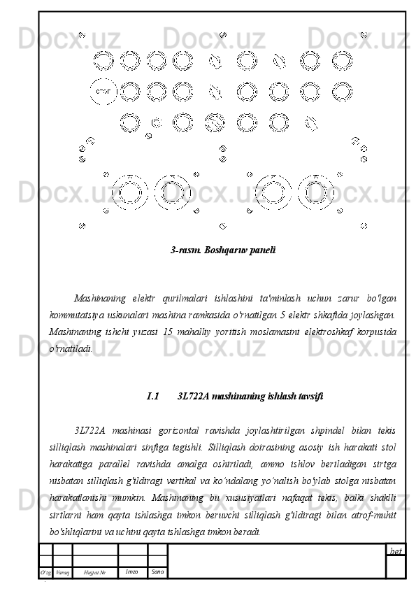 bet
O’zg
. Hujjat  № Varaq Imzo  Sana 3-rasm. Boshqaruv paneli
Mashinaning   elektr   qurilmalari   ishlashini   ta'minlash   uchun   zarur   bo'lgan
kommutatsiya uskunalari  mashina ramkasida  o'rnatilgan 5 elektr  shkafida joylashgan.
Mashinaning   ishchi   yuzasi   15   mahalliy   yoritish   moslamasini   elektroshkaf   korpusida
o'rnatiladi.
I.1 3L722A mashinaning ishlash tavsifi
3L722A   mashinasi   gorizontal   ravishda   joylashtirilgan   shpindel   bilan   tekis
silliqlash   mashinalari   sinfiga   tegishli.   Silliqlash   doirasining   asosiy   ish   harakati   stol
harakatiga   parallel   ravishda   amalga   oshiriladi,   ammo   ishlov   beriladigan   sirtga
nisbatan   silliqlash   g'ildiragi   vertikal   va   ko’ndalang   yo’nalish   bo'ylab   stolga   nisbatan
harakatlanishi   mumkin.   Mashinaning   bu   xususiyatlari   nafaqat   tekis,   balki   shaklli
sirtlarni   ham   qayta   ishlashga   imkon   beruvchi   silliqlash   g'ildiragi   bilan   atrof-muhit
bo'shliqlarini va uchini qayta ishlashga imkon beradi. 
