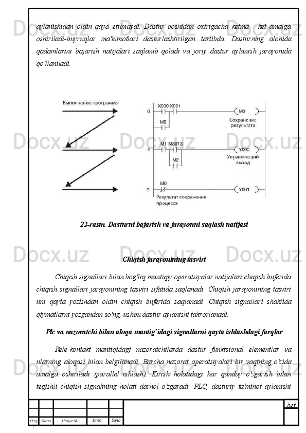 bet
O’zg
. Hujjat  № Varaq Imzo  Sanaaylanishidan   oldin   qayd   etilmaydi.   Dastur   boshidan   oxirigacha   ketma   -   ket   amalga
oshiriladi-buyruqlar   ma'lumotlari   dasturlashtirilgan   tartibda.   Dasturning   alohida
qadamlarini   bajarish   natijalari   saqlanib   qoladi   va   joriy   dastur   aylanish   jarayonida
qo'llaniladi.
22-rasm. Dasturni bajarish va jarayonni saqlash natijasi
Chiqish jarayonining tasviri
Chiqish signallari bilan bog'liq mantiqiy operatsiyalar natijalari chiqish buferida
chiqish   signallari   jarayonining   tasviri   sifatida   saqlanadi.   Chiqish   jarayonining   tasviri
uni   qayta   yozishdan   oldin   chiqish   buferida   saqlanadi.   Chiqish   signallari   shaklida
qiymatlarni yozgandan so'ng, ushbu dastur aylanishi takrorlanadi.
Plc va nazoratchi bilan aloqa mantig’idagi signallarni qayta ishlashdagi farqlar
Rele-kontakt   mantiqidagi   nazoratchilarda   dastur   funktsional   elementlar   va
ularning   aloqasi   bilan   belgilanadi.   Barcha   nazorat   operatsiyalari   bir   vaqtning   o'zida
amalga   oshiriladi   (parallel   ishlash).   Kirish   holatidagi   har   qanday   o'zgarish   bilan
tegishli   chiqish   signalining   holati   darhol   o'zgaradi.   PLC,   dasturiy   ta'minot   aylanishi 
