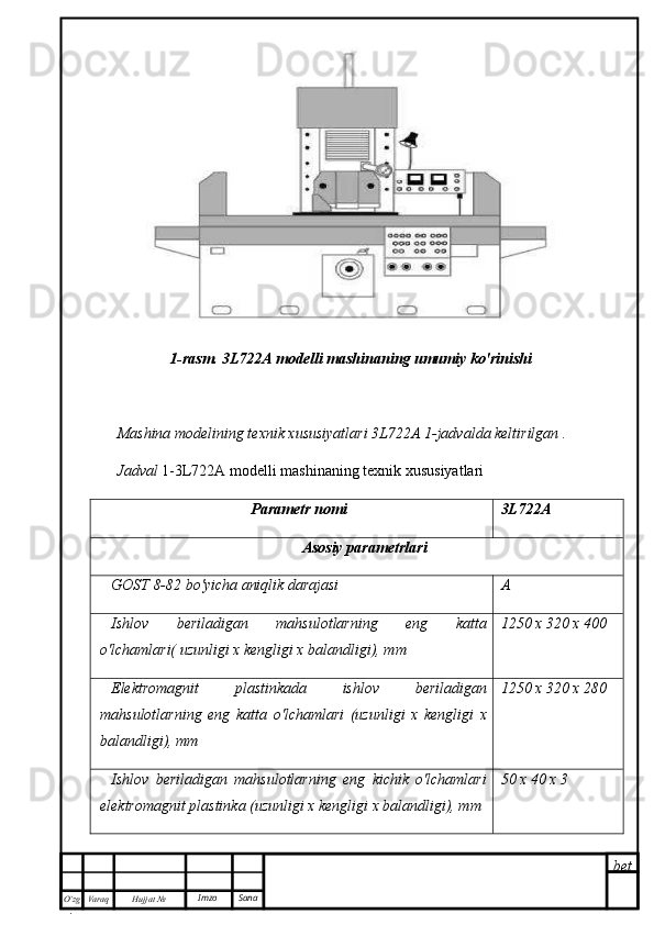 bet
O’zg
. Hujjat  № Varaq Imzo  Sana1-rasm. 3L722A modelli mashinaning umumiy ko'rinishi
Mashina modelining texnik xususiyatlari 3L722A 1-jadvalda keltirilgan .
Jadval  1-3L722A modelli mashinaning texnik xususiyatlari
Parametr nomi 3L722A
Asosiy parametrlar i
GOST 8-82 bo'yicha aniqlik darajasi  A
Ishlov   beriladigan   mahsulotlarning   eng   katta
o'lchamlari( uzunligi x kengligi x balandligi), mm  1250 x 320 x 400
Elektromagnit   plastinkada   ishlov   beriladigan
mahsulotlarning   eng   katta   o'lchamlari   (uzunligi   x   kengligi   x
balandligi), mm  1250 x 320 x 280
Ishlov   beriladigan   mahsulotlarning   eng   kichik   o'lchamlari
elektromagnit plastinka (uzunligi x kengligi x balandligi), mm 50 x 40 x 3 