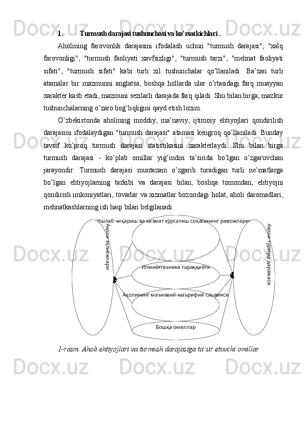 Ишлаб чиқариш ва хизмат кўрсатиш соҳасининг ривожларини
Илмийғтехника тараққиёти
Аҳолининг маънавий-маърифий саъвияси
Бошқа омилларАҳоли эҳтиёжлари	
Аҳоли турмуш даражаси1. Turmush darajasi tushunchasi va ko’rsatkichlari .
Aholining   farovonlik   darajasini   ifodalash   uchun   "turmush   darajasi",   "xalq
farovonligi",   "turmush   faoliyati   xavfsizligi",   "turmush   tarzi",   "mehnat   faoliyati
sifati",   "turmush   sifati"   kabi   turli   xil   tushunchalar   qo’llaniladi.   Ba’zan   turli
atamalar   bir   mazmunni   anglatsa,   boshqa   hollarda   ular   o’rtasidagi   farq   muayyan
xarakter kasb etadi, mazmuni sezilarli darajada farq qiladi. Shu bilan birga, mazkur
tushunchalarning o’zaro bog’liqligini qayd etish lozim.
O’zbekistonda   aholining   moddiy,   ma’naviy,   ijtimoiy   ehtiyojlari   qondirilish
darajasini   ifodalaydigan   "turmush   darajasi"   atamasi   kengroq  qo’llaniladi.  Bunday
tavsif   ko’proq   turmush   darajasi   statistikasini   xarakterlaydi.   Shu   bilan   birga
turmush   darajasi   -   ko’plab   omillar   yig’indisi   ta’sirida   bo’lgan   o’zgaruvchan
jarayondir.   Turmush   darajasi   muntazam   o’zgarib   turadigan   turli   ne’matlarga
bo’lgan   ehtiyojlarning   tarkibi   va   darajasi   bilan,   boshqa   tomondan,   ehtiyojni
qondirish imkoniyatlari, tovarlar va xizmatlar bozoridagi holat, aholi daromadlari,
mehnatkashlarning ish haqi bilan belgilanadi. 
1- rasm .  Aholi   ehtiyojlari   va   turmush   darajasiga   ta ’ sir   etuvchi   omillar 