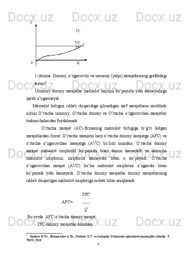  
1-chizma. Doimiy, o’zgaruvchi va umumiy (yalpi) xarajatlarning grafikdagi
tasviri 2
. 
Umumiy doimiy   х arajatlar   mahsulot   hajmini  ko’payishi   yoki  kamayishiga
qarab o’zgarmaydi. 
        Maxsulot   birligini   ishlab   chiqarishga   qilinadigan   sarf   xarajatlarni   xisoblash
uchun   O’rtacha   umumiy,   O’rtacha   doimiy   va   O’rtacha   o’zgaruvchan   xarajatlar
tushunchalaridan foydalanadi. 
          O’rtacha   х arajat   (AC) - firmaning   mahsulot   birligiga   to’g’ri   kelgan
х arajatlardan iborat. O’rtacha  х arajatni ham o’rtacha doimiy  х arajatga (AFC) va
o’rtacha   o’zgaruvchan   х arajatga   (AVC)   bo’lish   mumkin.   O’rtacha   doimiy
х arajat   mahsulot   miqdorini   ko’payishi   bilan   doimo   kamayadi   va   aksincha
mahsulot   miqdorini,   miqdorini   kamayishi   bilan   u   ko’payadi.   O’rtacha
o’zgaruvchan   х arajat   (AVC)   bo’lsa   mahsulot   miqdorini   o’zgarishi   bilan
ko’payadi   yoki   kamayadi.   O’rtacha   doimiy   xarajatlar   doimiy   xarajatlarning
ishlab chiqarilgan mahsulot miqdoriga nisbati bilan aniqlanadi: 
              
TFC
                  AFC=  
Q
 Bu yerda: AFC-o’rtacha doimiy xarajat; 
          TFC-doimiy xarajatlar summasi. 
2
  .   Xodiyev B.Yu., Bekmurodov A.Sh., G'afurov U.V. va boshqalar O'zbekiston iqtisodiyoti mustaqillik yillarida. T.:
TDIU, 2020
6 