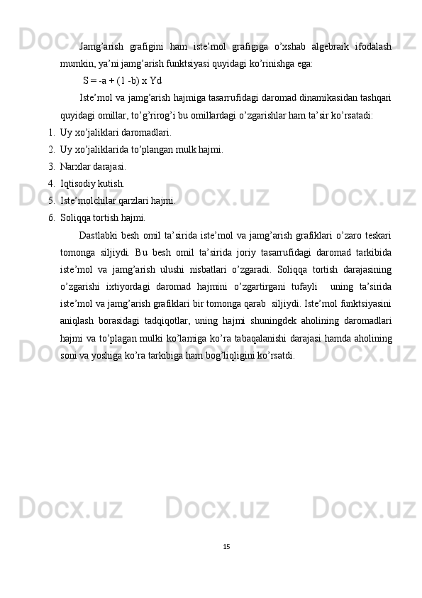 Jamg’arish   grafigini   ham   iste’mol   grafigiga   o’xshab   algebraik   ifodalash
mumkin, ya’ni jamg’arish funktsiyasi quyidagi ko’rinishga ega: 
          S = -a + (1 -b) x Yd 
Iste’mol va jamg’arish hajmiga tasarrufidagi daromad dinamikasidan tashqari
quyidagi omillar, to’g’rirog’i bu omillardagi o’zgarishlar ham ta’sir ko’rsatadi: 
1. Uy xo’jaliklari daromadlari. 
2. Uy xo’jaliklarida to’plangan mulk hajmi. 
3. Narxlar darajasi. 
4. Iqtisodiy kutish. 
5. Iste’molchilar qarzlari hajmi. 
6. Soliqqa tortish hajmi. 
Dastlabki   besh   omil   ta’sirida   iste’mol   va   jamg’arish   grafiklari   o’zaro  teskari
tomonga   siljiydi.   Bu   besh   omil   ta’sirida   joriy   tasarrufidagi   daromad   tarkibida
iste’mol   va   jamg’arish   ulushi   nisbatlari   o’zgaradi.   Soliqqa   tortish   darajasining
o’zgarishi   ixtiyordagi   daromad   hajmini   o’zgartirgani   tufayli     uning   ta’sirida
iste’mol va jamg’arish grafiklari bir tomonga qarab  siljiydi. Iste’mol funktsiyasini
aniqlash   borasidagi   tadqiqotlar,   uning   hajmi   shuningdek   aholining   daromadlari
hajmi va to’plagan mulki  ko’lamiga ko’ra tabaqalanishi  darajasi  hamda aholining
soni va yoshiga ko’ra tarkibiga ham bog’liqligini ko’rsatdi. 
15