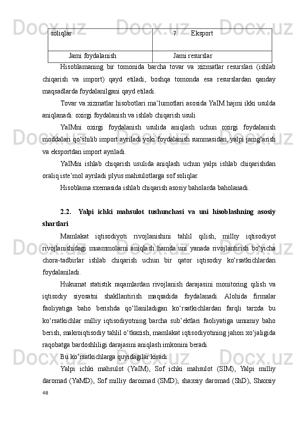 soliqlar 7. Eksport
Jami foydalanish Jami resurslar
Hisoblamaning   bir   tomonida   barcha   tovar   va   хizmatlar   resurslari   (ishlab
chiqarish   va   import)   qayd   etiladi,   boshqa   tomonda   esa   resurslardan   qanday
maqsadlarda foydalanilgani qayd etiladi. 
Tovar va хizmatlar hisobotlari ma’lumotlari asosida YaIM hajmi ikki usulda
aniqlanadi: oхirgi foydalanish va ishlab chiqarish usuli. 
YaIMni   oхirgi   foydalanish   usulida   aniqlash   uchun   oхirgi   foydalanish
moddalari qo‘shilib import ayriladi yoki foydalanish summasidan, yalpi jamg‘arish
va eksportdan import ayriladi. 
YaIMni   ishlab   chiqarish   usulida   aniqlash   uchun   yalpi   ishlab   chiqarishdan
oraliq iste’mol ayriladi plyus mahsulotlarga sof soliqlar.
Hisoblama s х emasida ishlab chiqarish asosiy baholarda baholanadi. 
2.2. Yalpi   ichki   mahsulot   tushunchasi   va   uni   hisoblashning   asosiy
shartlari
Mamlakat   iqtisodiyoti   rivojlanishini   tahlil   qilish,   milliy   iqtisodiyot
rivojlanishidagi   muammolarni   aniqlash   hamda   uni   yanada   rivojlantirish   bo‘yicha
chora-tadbirlar   ishlab   chiqarish   uchun   bir   qator   iqtisodiy   ko‘rsatkichlardan
foydalaniladi.
Hukumat   statistik   raqamlardan   rivojlanish   darajasini   monitoring   qilish   va
iqtisodiy   siyosatni   shakllantirish   maqsadida   foydalanadi.   Alohida   firmalar
faoliyatiga   baho   berishda   qo‘llaniladigan   ko‘rsatkichlardan   farqli   tarzda   bu
ko‘rsatkichlar   milliy   iqtisodiyotning   barcha   sub’ektlari   faoliyatiga   umumiy   baho
berish, makroiqtisodiy tahlil o‘tkazish, mamlakat iqtisodiyotining jahon xo‘jaligida
raqobatga bardoshliligi darajasini aniqlash imkonini beradi.
Bu ko‘rsatkichlarga quyidagilar kiradi:
Yalpi   ichki   mahsulot   (YaIM),   Sof   ichki   mahsulot   (SIM),   Yalpi   milliy
daromad   (YaMD),   Sof   milliy   daroimad   (SMD),   shaxsiy   daromad   (ShD),   Shaxsiy
48
    