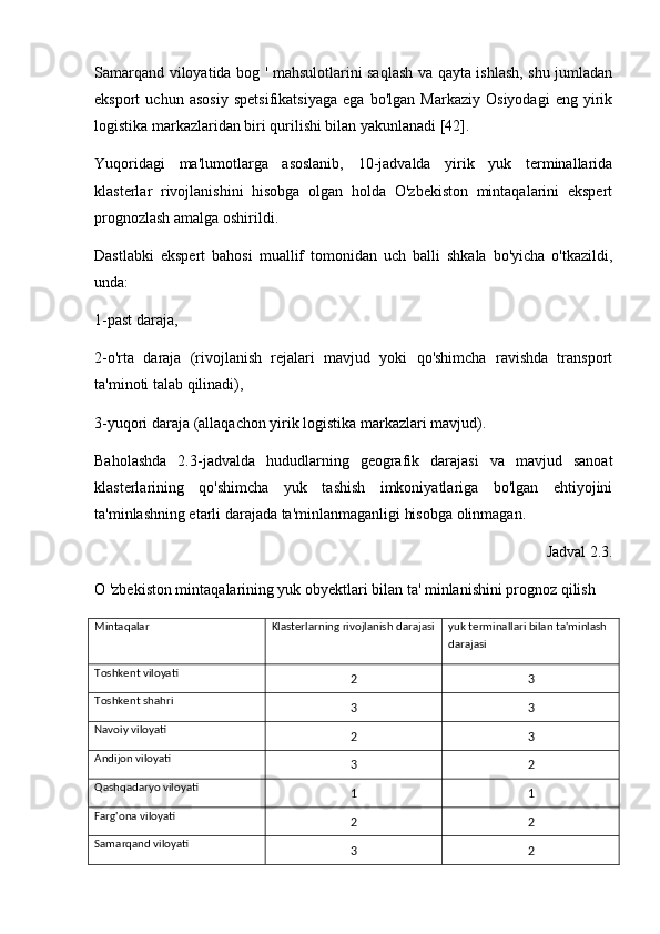 Samarqand viloyatida bog ' mahsulotlarini saqlash va qayta ishlash, shu jumladan
eksport   uchun   asosiy   spetsifikatsiyaga   ega   bo'lgan   Markaziy   Osiyodagi   eng   yirik
logistika markazlaridan biri qurilishi bilan yakunlanadi [42]. 
Yuqoridagi   ma'lumotlarga   asoslanib,   10-jadvalda   yirik   yuk   terminallarida
klasterlar   rivojlanishini   hisobga   olgan   holda   O'zbekiston   mintaqalarini   ekspert
prognozlash amalga oshirildi. 
Dastlabki   ekspert   bahosi   muallif   tomonidan   uch   balli   shkala   bo'yicha   o'tkazildi,
unda:
1-past daraja, 
2-o'rta   daraja   (rivojlanish   rejalari   mavjud   yoki   qo'shimcha   ravishda   transport
ta'minoti talab qilinadi), 
3-yuqori daraja (allaqachon yirik logistika markazlari mavjud). 
Baholashda   2.3-jadvalda   hududlarning   geografik   darajasi   va   mavjud   sanoat
klasterlarining   qo'shimcha   yuk   tashish   imkoniyatlariga   bo'lgan   ehtiyojini
ta'minlashning etarli darajada ta'minlanmaganligi hisobga olinmagan. 
Jadval 2.3. 
O 'zbekiston mintaqalarining yuk obyektlari bilan ta' minlanishini prognoz qilish
Mintaqalar Klasterlarning rivojlanish darajasi yuk terminallari bilan ta'minlash 
darajasi
Toshkent viloyati
2 3
Toshkent shahri
3 3
Navoiy viloyati
2 3
Andijon viloyati
3 2
Qashqadaryo viloyati
1 1
Farg'ona viloyati
2 2
Samarqand viloyati
3 2 