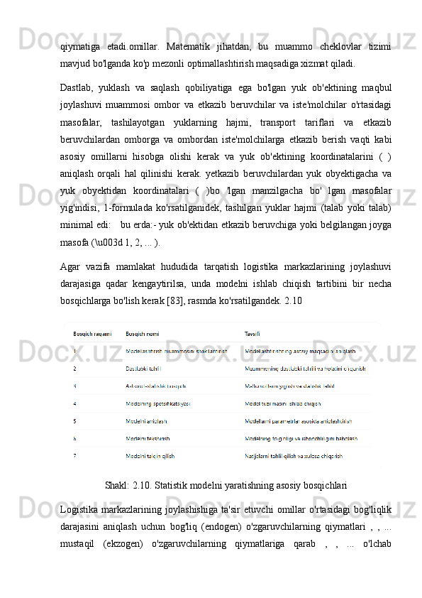 qiymatiga   etadi.omillar.   Matematik   jihatdan,   bu   muammo   cheklovlar   tizimi
mavjud bo'lganda ko'p mezonli optimallashtirish maqsadiga xizmat qiladi.
Dastlab,   yuklash   va   saqlash   qobiliyatiga   ega   bo'lgan   yuk   ob'ektining   maqbul
joylashuvi   muammosi   ombor   va   etkazib   beruvchilar   va   iste'molchilar   o'rtasidagi
masofalar,   tashilayotgan   yuklarning   hajmi,   transport   tariflari   va   etkazib
beruvchilardan   omborga   va   ombordan   iste'molchilarga   etkazib   berish   vaqti   kabi
asosiy   omillarni   hisobga   olishi   kerak   va   yuk   ob'ektining   koordinatalarini   (   )
aniqlash   orqali   hal   qilinishi   kerak.   yetkazib   beruvchilardan   yuk   obyektigacha   va
yuk   obyektidan   koordinatalari   (   )bo   'lgan   manzilgacha   bo'   lgan   masofalar
yig'indisi,   1-formulada   ko'rsatilganidek,   tashilgan   yuklar   hajmi   (talab   yoki   talab)
minimal edi:   bu erda:- yuk ob'ektidan etkazib beruvchiga yoki belgilangan joyga
masofa (\u003d 1, 2, ... ).
Agar   vazifa   mamlakat   hududida   tarqatish   logistika   markazlarining   joylashuvi
darajasiga   qadar   kengaytirilsa,   unda   modelni   ishlab   chiqish   tartibini   bir   necha
bosqichlarga bo'lish kerak [83], rasmda ko'rsatilgandek. 2.10
Shakl: 2.10. Statistik modelni yaratishning asosiy bosqichlari
Logistika   markazlarining   joylashishiga   ta'sir   etuvchi   omillar   o'rtasidagi   bog'liqlik
darajasini   aniqlash   uchun   bog'liq   (endogen)   o'zgaruvchilarning   qiymatlari   ,   ,   ...
mustaqil   (ekzogen)   o'zgaruvchilarning   qiymatlariga   qarab   ,   ,   ...   o'lchab 