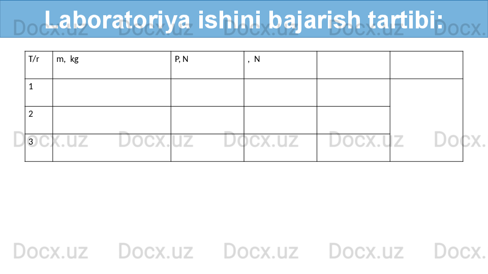 Laboratoriya ishini bajarish tartibi:
T/r m,  kg P, N ,  N
1
2
3 