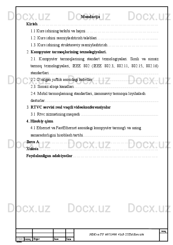 O’lcha m
mm m varaq Hujjat: Imzo
Sana  varaq
NDK va TU  60711400 .  41sE -2 2 TJA  Kurs ishiMundarija
Kirish …………………………………………………………………...…………
1.1 Kurs ishining tarkibi va hajmi…………………………………………..…..
1.2. Kurs ishini rasmiylashtirish talablari…………………………………........
1.3. Kurs ishining strukturaviy rasmiylashtirish……………………………..…
2.     Kompyuter tarmoqlarining texnologiyalari.
2.1.   Kompyuter   tarmoqlarining   standart   texnologiyalari.   Simli   va   simsiz
tarmoq   texnologiyalari,   IEEE   802   (IEEE   802.3,   802.11,   802.15,   802.16)
standartlari............................................................................................................
2.2 O‘ralgan juftlik asosidagi kabellar.................................................................
2.3. Simsiz aloqa kanallari...................................................................................
2.4. Mobil tarmoqlarining standartlari, zamonaviy tarmoqni loyihalash 
dasturlar................................................................................................................
3.    RTVC servisi real vaqtli videokonferensiyalar
3.1     Rtvc xizmatining maqsadi ............................................................................
4. Hisobiy qism
4.1 Ethernet va FastEthernet asosidagi kompyuter tarmog'i va uning 
samaradorligini hisoblash tartibi..........................................................................
Ilova A …………………………………………………………………………….
Xulosa ………………………………………………………………………..……
Foydalanilgan adabiyotlar ………………………………………………..…….. 