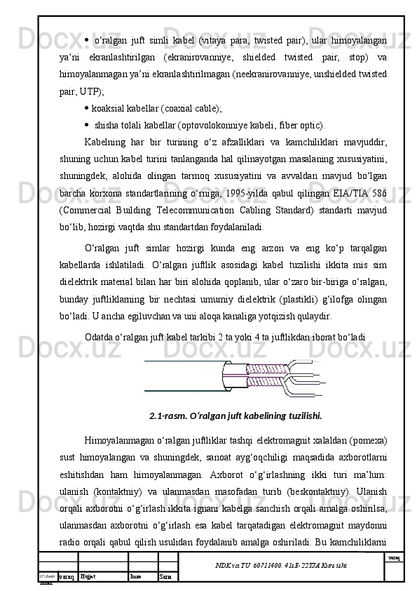 O’lcha m
mm m varaq Hujjat: Imzo
Sana  varaq
NDK va TU  60711400 .  41sE -2 2 TJA  Kurs ishi o‘ralgan   juft   simli   kabel   (vitaya   para,   twisted   pair),   ular   himoyalangan
ya ni   ekranlashtirilgan   (ekranirovanniye,   shielded   twisted   pair,   stop)   vaʻ
himoyalanmagan ya’ni ekranlashtirilmagan (neekranirovanniye, unshielded twisted
pair, UTP);
   koaksial kabellar (coaxial cable); 
 shisha tolali kabellar (optovolokonniye kabeli, fiber optic). 
Kabelning   har   bir   turining   o‘z   afzalliklari   va   kamchiliklari   mavjuddir,
shuning uchun kabel  turini  tanlanganda hal  qilinayotgan masalaning xususiyatini,
shuningdek,   alohida   olingan   tarmoq   xususiyatini   va   avvaldan   mavjud   bo‘lgan
barcha   korxona   standartlarining   o‘rniga,   1995-yilda   qabul   qilingan   EIA/TIA   586
(Commercial   Building   Telecommunication   Cabling   Standard)   standarti   mavjud
bo‘lib, hozirgi vaqtda shu standartdan foydalaniladi. 
O‘ralgan   juft   simlar   hozirgi   kunda   eng   arzon   va   eng   ko‘p   tarqalgan
kabellarda   ishlatiladi.   O‘ralgan   juftlik   asosidagi   kabel   tuzilishi   ikkita   mis   sim
dielektrik material bilan har  biri  alohida qoplanib, ular o‘zaro bir-biriga o‘ralgan,
bunday   juftliklarning   bir   nechtasi   umumiy   dielektrik   (plastikli)   g‘ilofga   olingan
bo‘ladi. U ancha egiluvchan va uni aloqa kanaliga yotqizish qulaydir. 
Odatda o‘ralgan juft kabel tarkibi 2 ta yoki 4 ta juftlikdan iborat bo‘ladi 
2.1- rasm. O‘ralgan juft kabelining tuzilishi.
Himoyalanmagan o‘ralgan juftliklar tashqi elektromagnit xalaldan (pomexa)
sust   himoyalangan   va   shuningdek ,   sanoat   ayg‘oqchiligi   maqsadida   axborotlarni
eshitishdan   ham   himoyalanmagan.   Axborot   o‘g‘irlashning   ikki   turi   ma’lum:
ulanish   (kontaktniy)   va   ulanmasdan   masofadan   turib   (beskontaktniy).   Ulanish
orqali  axborotni  o‘g‘irlash ikkita ignani  kabelga  sanchish  orqali  amalga  oshirilsa,
ulanmasdan   axborotni   o‘g‘irlash   esa   kabel   tarqatadigan   elektromagnit   maydonni
radio orqali qabul qilish usulidan foydalanib amalga oshiriladi. Bu kamchiliklarni