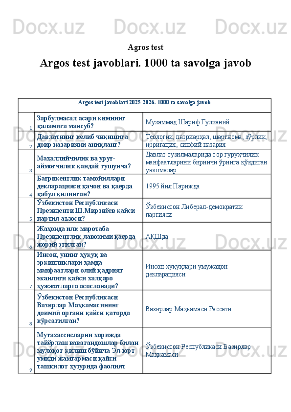 Agros test
Argos test javoblari. 1000 ta savolga javob
Argos test javoblari 2025-2026. 1000 ta savolga javob
1 Зарбулмасал асари кимнинг 
қаламига мансуб?  Мухаммад Шариф Гулханий 
2 Давлатнинг келиб чиқишига 
доир назарияни аниқланг?  Теологик, патриарҳал, шартнома, зўрлик,
ирригация, синфий назария 
3 Маҳаллийчилик ва уруғ-
аймоғчилик қандай тушунча?  Давлат тузилмаларида тор гуруҳчилик 
манфаатларини биринчи ўринга қўядиган
уюшмалар 
4 Бағрикенглик тамойиллари 
декларацияси қачон ва қаерда 
қабул қилинган?  1995 йил Парижда 
5 Ўзбекистон Республикаси 
Президенти Ш.Мирзиёев қайси 
партия аъзоси?  Ўзбекистон Либерал-демократик 
партияси 
6 Жаҳонда илк маротаба 
Президентлик лавозими қаерда 
жорий этилган?  АҚШда 
7 Инсон, унинг ҳуқуқ ва 
эркинликлари ҳамда 
манфаатлари олий қадрият 
эканлиги қайси халқаро 
ҳужжатларга асосланади?  Инсон ҳуқуқлари умужаҳон 
декларацияси 
8 Ўзбекистон Республикаси 
Вазирлар Маҳкамасининг 
доимий органи қайси қаторда 
кўрсатилган?  Вазирлар Маҳкамаси Раёсати 
9 Мутахассисларни хорижда 
тайёрлаш ваватандошлар билан 
мулоқот қилиш бўйича Эл-юрт 
умиди жамғармаси қайси 
ташкилот ҳузурида фаолият  Ўзбекистон Республикаси Вазирлар 
Маҳкамаси  