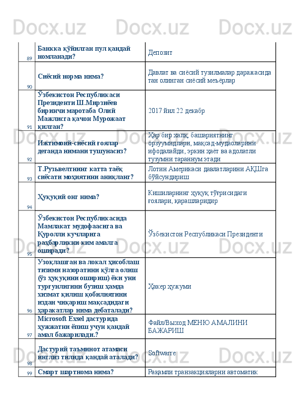 89 Банкка қўйилган пул қандай 
номланади?  Депозит 
90 Сиёсий норма нима?  Давлат ва сиёсий тузилмалар даражасида 
тан олинган сиёсий меъёрлар 
91 Ўзбекистон Республикаси 
Президенти Ш.Мирзиёев 
биринчи маротаба Олий 
Мажлисга қачон Мурожаат 
қилган?  2017 йил 22 декабр 
92 Ижтимоий-сиёсий ғоялар 
деганда нимани тушунасиз?  Ҳар бир халқ, башариятнинг 
орзуумидлари, мақсад-мудаоларини 
ифодалайди, эркин ҳаёт ва адолатли 
тузумни тараннум этади 
93 Т.Рузьвелтнинг катта таёқ 
сиёсати моҳиятини аниқланг?  Лотин Америкаси давлатларини АҚШга 
бўйсундириш 
94 Ҳуқуқий онг нима?  Кишиларнинг ҳуқуқ тўғрисидаги 
ғоялари, қарашларидир 
95 Ўзбекистон Республикасида 
Мамлакат мудофаасига ва 
Қуролли кучларига 
раҳбарликни ким амалга 
оширади?  Ўзбекистон Республикаси Президенти 
96 Узоқлашган ва локал ҳисоблаш 
тизими назоратини қўлга олиш 
(ўз ҳуқуқини ошириш) ёки уни 
турғунлигини бузиш ҳамда 
хизмат қилиш қобилиятини 
издан чиқариш мақсадидаги 
ҳаракатлар нима дебаталади?  Ҳакер ҳужуми 
97 Microsoft Exsel дастурида 
ҳужжатни ёпиш учун қандай 
амал бажарилади.?  Файл/Выход МЕНЮ АМАЛИНИ 
БАЖАРИШ 
98 Дастурий таъминот атамаси 
инглиз тилида қандай аталади?  Softwarre 
99 Смарт шартнома нима?  Рақамли транзакцияларни автоматик  