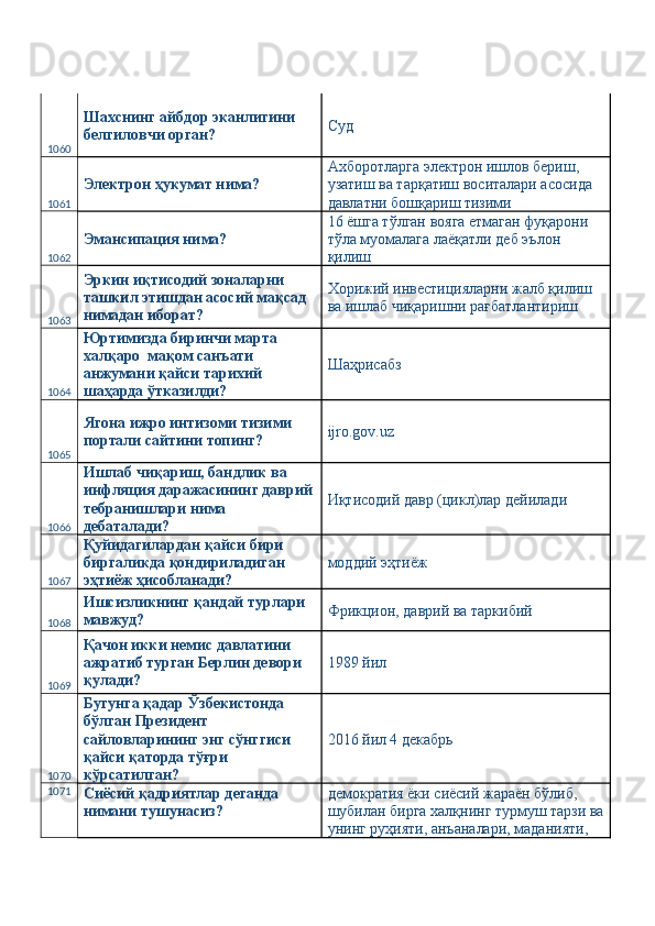 1060 Шахснинг айбдор эканлигини 
белгиловчи орган?  Суд 
1061 Электрон ҳукумат нима?  Ахборотларга электрон ишлов бериш, 
узатиш ва тарқатиш воситалари асосида 
давлатни бошқариш тизими 
1062 Эмансипация нима?  16 ёшга тўлган вояга етмаган фуқарони 
тўла муомалага лаёқатли деб эълон 
қилиш 
1063 Эркин иқтисодий зоналарни 
ташкил этишдан асосий мақсад 
нимадан иборат?  Хорижий инвестицияларни жалб қилиш 
ва ишлаб чиқаришни рағбатлантириш 
1064 Юртимизда биринчи марта 
халқаро  мақом санъати 
анжумани қайси тарихий 
шаҳарда ўтказилди?  Шаҳрисабз 
1065 Ягона ижро интизоми тизими 
портали сайтини топинг?  ijro.gov.uz 
1066 Ишлаб чиқариш, бандлик ва 
инфляция даражасининг даврий
тебранишлари нима 
дебаталади?  Иқтисодий давр (цикл)лар дейилади 
1067 Қуйидагилардан қайси бири 
биргаликда қондириладиган 
эҳтиёж ҳисобланади?  моддий эҳтиёж 
1068 Ишсизликнинг қандай турлари 
мавжуд?  Фрикцион, даврий ва таркибий 
1069 Қачон икки немис давлатини 
ажратиб турган Берлин девори 
қулади?  1989 йил 
1070 Бугунга қадар Ўзбекистонда 
бўлган Президент 
сайловларининг энг сўнггиси 
қайси қаторда тўғри 
кўрсатилган?  2016 йил 4 декабрь 
1071
Сиёсий қадриятлар деганда 
нимани тушунасиз?  демократия ёки сиёсий жараён бўлиб, 
шубилан бирга халқнинг турмуш тарзи ва
унинг руҳияти, анъаналари, маданияти,  