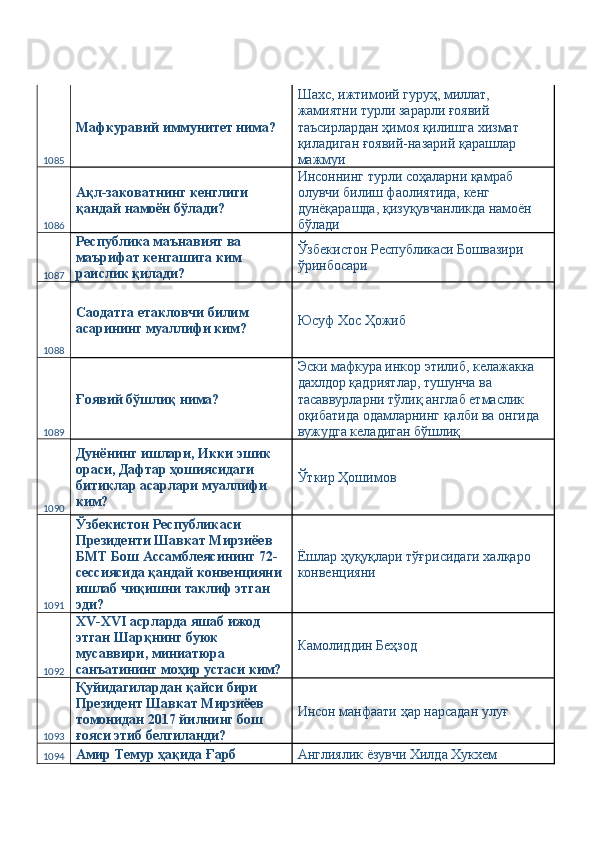 1085 Мафкуравий иммунитет нима?  Шахс, ижтимоий гуруҳ, миллат, 
жамиятни турли зарарли ғоявий 
таъсирлардан ҳимоя қилишга хизмат 
қиладиган ғоявий-назарий қарашлар 
мажмуи 
1086 Ақл-заковатнинг кенглиги 
қандай намоён бўлади?  Инсоннинг турли соҳаларни қамраб 
олувчи билиш фаолиятида, кенг 
дунёқарашда, қизуқувчанликда намоён 
бўлади 
1087 Республика маънавият ва 
маърифат кенгашига ким 
раислик қилади?  Ўзбекистон Республикаси Бошвазири 
ўринбосари 
1088 Саодатга етакловчи билим 
асарининг муаллифи ким?  Юсуф Хос Ҳожиб 
1089 Ғоявий бўшлиқ нима?  Эски мафкура инкор этилиб, келажакка 
дахлдор қадриятлар, тушунча ва 
тасаввурларни тўлиқ англаб етмаслик 
оқибатида одамларнинг қалби ва онгида 
вужудга келадиган бўшлиқ 
1090 Дунёнинг ишлари, Икки эшик 
ораси, Дафтар ҳошиясидаги 
битиклар асарлари муаллифи 
ким?  Ўткир Ҳошимов 
1091 Ўзбекистон Республикаси 
Президенти Шавкат Мирзиёев 
БМТ Бош Ассамблеясининг 72-
сессиясида қандай конвенцияни 
ишлаб чиқишни таклиф этган 
эди?  Ёшлар ҳуқуқлари тўғрисидаги халқаро 
конвенцияни 
1092 XV-XVI асрларда яшаб ижод 
этган Шарқнинг буюк 
мусаввири, миниатюра 
санъатининг моҳир устаси ким?  Камолиддин Беҳзод 
1093 Қуйидагилардан қайси бири 
Президент Шавкат Мирзиёев 
томонидан 2017 йилнинг бош 
ғояси этиб белгиланди?  Инсон манфаати ҳар нарсадан улуғ 
1094 Амир Темур ҳақида Ғарб  Англиялик ёзувчи Хилда Хукхем  