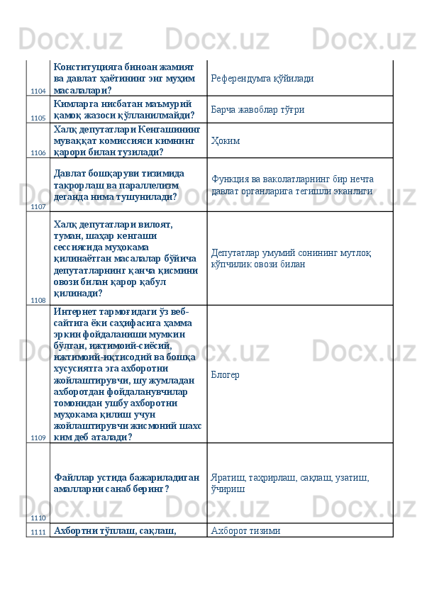 1104 Конституцияга биноан жамият 
ва давлат ҳаётининг энг муҳим 
масалалари?  Референдумга қўйилади 
1105 Кимларга нисбатан маъмурий 
қамоқ жазоси қўлланилмайди?  Барча жавоблар тўғри 
1106 Халқ депутатлари Кенгашининг
муваққат комиссияси кимнинг 
қарори билан тузилади?  Ҳоким 
1107 Давлат бошқаруви тизимида 
такрорлаш ва параллелизм 
деганда нима тушунилади?  Функция ва ваколатларнинг бир нечта 
давлат органларига тегишли эканлиги 
1108 Халқ депутатлари вилоят, 
туман, шаҳар кенгаши 
сессиясида муҳокама 
қилинаётган масалалар бўйича 
депутатларнинг қанча қисмини 
овози билан қарор қабул 
қилинади?  Депутатлар умумий сонининг мутлоқ 
кўпчилик овози билан 
1109 Интернет тармоғидаги ўз веб-
сайтига ёки саҳифасига ҳамма 
эркин фойдаланиши мумкин 
бўлган, ижтимоий-сиёсий, 
ижтимоий-иқтисодий ва бошқа 
хусусиятга эга ахборотни 
жойлаштирувчи, шу жумладан 
ахборотдан фойдаланувчилар 
томонидан ушбу ахборотни 
муҳокама қилиш учун 
жойлаштирувчи жисмоний шахс
ким деб аталади?  Блогер 
1110 Файллар устида бажариладиган 
амалларни санаб беринг?  Яратиш, таҳрирлаш, сақлаш, узатиш, 
ўчириш 
1111 Ахбортни тўплаш, сақлаш,  Ахборот тизими  