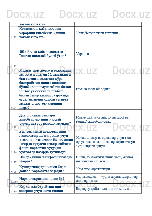 ваколатига эга? 
1172 Ҳокимнинг қабул қилган 
қарорини ким бекор қилиш 
ваколатига эга?  Халк Депутатлари кенгаши 
1173 2014 йилда қайси давлатда 
Рангли инқилоб бўлиб ўтди?  Украина 
1174 Меҳнат шартномаси ходимнинг 
малакаси етарли бўлмаганлиги 
ёки соғлиғи ҳолатига кўра 
бажараётган ишига нолойиқ 
бўлиб қолиш муносабати билан 
иш берувчининг ташаббуси 
билан бекор қилиш тўғрисида 
огоҳлантириш ходимга қанча 
муддат олдин етказилиши 
шарт?  камида икки ой олдин 
1175 Давлат хизматчилари 
жавобгарликнинг қандай 
турларига тортилиши мумкин?  Маъмурий, жиноий, интизомий ва 
моддий жавобгарликка 
1176 Бир жинсдаги ходимларнинг 
лавозимларни эгаллаши учун 
квоталаш тизимини белгилашни
назарда тутувчи гендер сиёсати 
файси норматив-ҳуқуқий 
ҳужжатда назарда тутилади?  Хотин-қизлар ва эркаклар учун тенг 
ҳуқуқ ҳамдаимкониятлар кафолатлари 
тўғрисидаги қонун 
1177 Иш ҳақининг вазифаси нимадан
иборат?  Ишчи, хизматчиларнинг хаёт, меҳнат 
шароитини яхшилаш 
1178 Қуйидагилардан қайси бири 
доимий харажатга киради?  Хом-ашё харажатлари 
1179 Нарх дискриминацияси бу?  бир маҳсулотни турли харидорларга ҳар 
хил нархда сотиш 
1180 Корхонада ўз рейтингини 
ошириш учун нима қилиш  Барқарор фойда олишни таъминлаш  