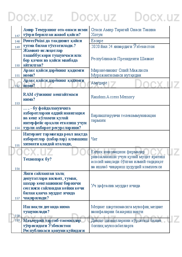 147 Амир Темурнинг ота-онаси исми
тўғри берилган жавоб қайси?  Отаси Амир Тарагай Онаси Такина 
Хотун 
148 PowerPoint да такдимот қайси 
тугма билан тўхтатилади.?  
Жамият-ислоҳотлар 
ташаббускори тушунчаси илк 
бор қачон ва қайси манбада 
айтилган?  Escape 
149 2020 йил 24 январдаги Ўзбекистон 
150 Республикаси Президенти Шавкат 
151 Аракс қайси дарёнинг қадимги 
номи?  Мирзиёевнинг Олий Мажлисга 
Мурожаатномаси нутқидан 
152 Аракс қайси дарёнинг қадимги 
номи?  Амударё 
153 RAM сўзининг кенгайтмаси 
нима?  Random Access Memory 
154 ….. - бу фойдаланувчига 
ахборотларни оддий навигация 
ва кенг кўламли қулай 
интерфейс орқали етказиш учун 
турли ахборот ресурсларини?  Бирлаштирувчи телекоммуникация 
тармоғи 
155 Интернет тармоғида реал вақтда
ахборотлар (хабарлар) алмашиш
хизмати қандай аталади,  Чат 
156 Технопарк бу?  Кичик инновацион фирмалар 
ривожланиши учун қулай муҳит яратиш 
асосий мақсади бўлган илмий-тадқиқот 
ва ишлаб чиқариш ҳудудий комплекси  
157 Янги сайланган халқ 
депутатлари вилоят, туман, 
шаҳар кенгашининг биринчи 
сессияси сайловдан кейин кечи 
билан қанча муддат ичида 
чақирилади?  Уч ҳафталик муддат ичида 
158 Иш вақти деганда нима 
тушунилади?  Меҳнат шартномасига мувофиқ меҳнат 
вазифаларни бажариш вақти 
159
Маъмурий тартиб-таомиллар 
тўғрисидаги Ўзбекистон 
Республикаси қонуни қуйидаги  Давлат хизматларини кўрсатиш билан 
боғлиқ муносабатларга  