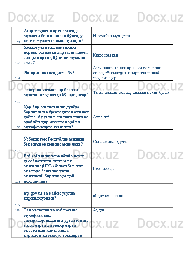 172 Агар меҳнат шартномасида 
муддати белгиланган бўлса, у 
қанча муддатга амал қилади?  Номуайян муддатга 
173 Ходим учун иш вақтининг 
нормал муддати ҳафтасига неча 
соатдан ортиқ бўлиши мумкин 
эмас?  Қирқ соатдан 
174 Яширин иқтисодиёт - бу?  Анъанавий товарлар ва хизматларни 
солиқ тўламасдан яширинча ишлаб 
чиқаришдир 
175 Товар ва хизматлар бозори 
мувозанат ҳолатда бўлади, агар? Талаб ҳажми таклиф ҳажмига тенг бўлса 
176 Ҳар бир миллатнинг дунёда 
борлигини кўрсатадиган ойинаи
ҳаёти - бу унинг миллий тили ва 
адабиётидир жумласи қайси 
мутафаккирга тегишли?  Авлоний 
177 Ўзбекистон Республикасининг 
биринчи орденини аниқланг?  Соғлом авлод учун 
178 Веб сайтнинг таркибий қисми 
ҳисобланувчи, интернет 
манзили (URL) билан бир хил 
маънода белгиланувчи 
мантиқий бирлик қандай 
номланади?  Веб саҳифа 
179 my.gov.uz га қайси усулда 
кириш мумкин?  id.gov.uz орқали 
180
Ташкилотни ва ахборотни 
муҳофазалаш 
самарадорлигининг ўрнатилган 
талабларга ва меъёрларга 
мослигини аниқлашга 
қаратилган махсус текширув  Аудит  