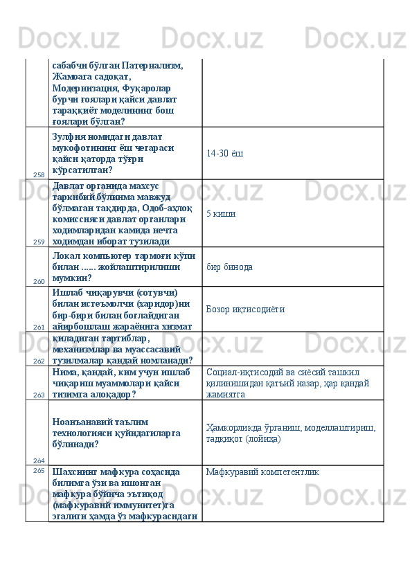 сабабчи бўлган Патернализм, 
Жамоага садоқат, 
Модернизация, Фуқаролар 
бурчи ғоялари қайси давлат 
тараққиёт моделининг бош 
ғоялари бўлган? 
258 Зулфия номидаги давлат 
мукофотининг ёш чегараси 
қайси қаторда тўғри 
кўрсатилган?  14-30 ёш 
259 Давлат органида махсус 
таркибий бўлинма мавжуд 
бўлмаган тақдирда, Одоб-аҳлоқ 
комиссияси давлат органлари 
ходимларидан камида нечта 
ходимдан иборат тузилади  5 киши 
260 Локал компьютер тармоғи кўпи 
билан ...... жойлаштирилиши 
мумкин?  бир бинода 
261 Ишлаб чиқарувчи (сотувчи) 
билан истеъмолчи (харидор)ни 
бир-бири билан боғлайдиган 
айирбошлаш жараёнига хизмат  Бозор иқтисодиёти 
262 қиладиган тартиблар, 
механизмлар ва муассасавий 
тузилмалар қандай номланади?   
263 Нима, қандай, ким учун ишлаб 
чиқариш муаммолари қайси 
тизимга алоқадор?  Социал-иқтисодий ва сиёсий ташкил 
қилинишидан қатъий назар, ҳар қандай 
жамиятга 
264 Ноанъанавий таълим 
технологияси қуйидагиларга 
бўлинади?  Ҳамкорликда ўрганиш, моделлаштириш, 
тадқиқот (лойиҳа) 
265
Шахснинг мафкура соҳасида 
билимга ўзи ва ишонган 
мафкура бўйича эътиқод 
(мафкуравий иммунитет)га 
эгалиги ҳамда ўз мафкурасидаги Мафкуравий компетентлик  