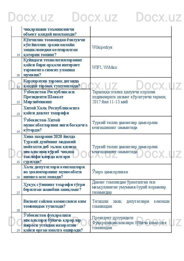 чиқаришни таъминловчи 
объект қандай номланади? 
19 Кўпчилик томонидан ёзилувчи 
кўп йиллик эркин онлайн 
энциклопедия келтирилган 
қаторни топинг?  Wikipediya 
20 Қуйидаги технологияларнинг 
қайси бири орқали интернет 
тармоғига симсиз уланиш 
мумкин?  WIFI, WiMax 
21 Корпоратив тармоқ деганда 
қандай тармоқ тушунилади? 
Тармоққа эгалик қилувчи корхона 
ходимларига хизмат кўрсатувчи тармоқ 
2017 йил 11-13 май 22 Ўзбекистон Республикаси 
Президенти Шавкат 
Мирзиёевнинг 
23 Хитой Халқ Республикасига 
қайси давлат ташрифи 
24 Ўзбекистон-Хитой 
муносабатларини янги босқичга 
кўтарди?  Туркий тилли давлатлар ҳамкорлик 
кенгашининг саммитида 
25 Хива шаҳрини 2020 йилда 
Туркий дунёнинг маданий 
пойтахти деб эълон қилиш 
масаласини кўриб чиқиш 
таклифи қаерда илгари 
сурилди?  Туркий тилли давлатлар ҳамкорлик 
кенгашининг саммитида 
26 Халқ депутатлари кенгашлари 
ва ҳокимларнинг муносабати 
нимага асосланади?  Ўзаро ҳамкорликка 
27 Ҳуқуқ сўзининг таърифи тўғри 
берилган жавобни аниқланг?  Давлат томонидан ўрнатилган ёки 
маъқулланган умуммажбурий нормалар 
тизимидир 
28 Вилоят сайлов комиссияси ким 
томонидан тузилади?  Тегишли   халқ   депутатлари   кенгаши
томонидан 
29 Ўзбекистон фуқаролиги 
масалалари бўйича қарорлар 
ижроси устидан назоратни 
қайси орган амалга оширади?  Президент ҳузуридаги 
Фуқароликмасалалари бўйича комиссия 
томонидан  
