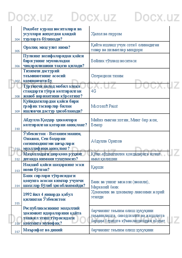 304 Рақобат кураш воситалари ва 
усуллари жиҳатдан қандай 
турларга бўлинади?  Ҳалол ва ғирром 
305 Оралиқ маҳсулот нима?  Қайта ишлаш учун сотиб олинадиган 
товар ва хизматлар миқдори 
306 Пулнинг вазифаларидан қайси 
бири унинг муомаладан 
чиқарилишини тақозо қилади?  Бойлик тўплаш воситаси 
307 Тизимли дастурий 
таъминотнинг асосий 
компоненти бу  Операцион тизим 
308 Тўртинчи авлод мобил алоқа 
стандарти тўғри келтирилган 
жавоб вариантини кўрсатинг?  4G 
309 Қуйидагилардан қайси бири 
график тасвирлар билан 
ишловчи дастур ҳисобланади?  Microsoft Paint 
310 Абдулла Қаҳҳор ҳикоялари 
келтирилган қаторни аниқланг? Майиз емаган хотин, Минг бир жон, 
Бемор 
311 Ўзбекистон - Ватаним маним, 
Онажон, Сен баҳорни 
соғинмадингми шеърлари 
муаллифини аниқланг?  Абдулла Орипов 
312 Маҳалладаги шарқона руҳият 
деганда нимани тушунасиз?  Қўни-қўшничилик қоидаларига изчил 
амал қилишни 
313 Нақшаб қайси шаҳарнинг эски 
номи бўлган?  Қарши 
314 Банк сирлари тўғрисидаги 
қонунга асосан кимлар учунчи 
шахслар бўлиб ҳисобланмайди?  Банк ва унинг мижози (вакили), 
Марказий банк 
Ҳокимлик ва ҳокимлар лавозими жорий 
этилди 
315 1992 йил 4 январда қабул 
қилинган Ўзбекистон 
316 Республикасининг маҳаллий 
ҳокимият идораларини қайта 
ташкил этиш тўғрисидаги 
қонунига мувофиқ?  барчанинг таълим олиш ҳуқуқини 
таъминлашга, саводсизлик ва жаҳолатга 
барҳам беришга кўмаклашишдан иборат. 
317 Маърифат ва диний  барчанинг таълим олиш ҳуқуқини  