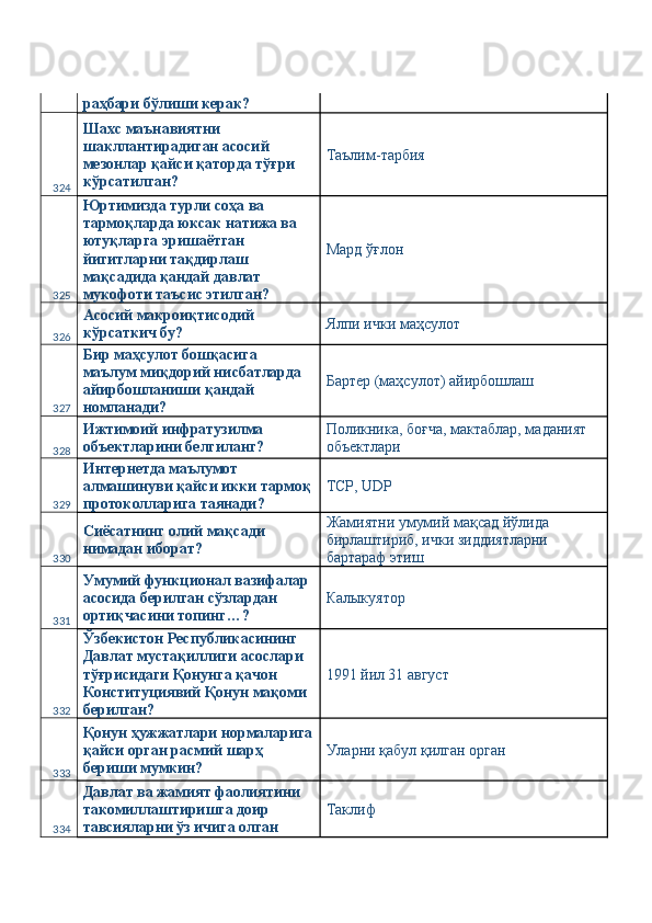 раҳбари бўлиши керак? 
324 Шахс маънавиятни 
шакллантирадиган асосий 
мезонлар қайси қаторда тўғри 
кўрсатилган?  Таълим-тарбия 
325 Юртимизда турли соҳа ва 
тармоқларда юксак натижа ва 
ютуқларга эришаётган 
йигитларни тақдирлаш 
мақсадида қандай давлат 
мукофоти таъсис этилган?  Мард ўғлон 
326 Асосий макроиқтисодий 
кўрсаткич бу?  Ялпи ички маҳсулот 
327 Бир маҳсулот бошқасига 
маълум миқдорий нисбатларда 
айирбошланиши қандай 
номланади?  Бартер (маҳсулот) айирбошлаш 
328 Ижтимоий инфратузилма 
объектларини белгиланг?  Поликника, боғча, мактаблар, маданият 
объектлари 
329 Интернетда маълумот 
алмашинуви қайси икки тармоқ
протоколларига таянади?  TCP, UDP 
330 Сиёсатнинг олий мақсади 
нимадан иборат?  Жамиятни умумий мақсад йўлида 
бирлаштириб, ички зиддиятларни 
бартараф этиш 
331 Умумий функционал вазифалар 
асосида берилган сўзлардан 
ортиқчасини топинг…?  Калыкуятор  
332 Ўзбекистон Республикасининг 
Давлат мустақиллиги асослари 
тўғрисидаги Қонунга қачон 
Конституциявий Қонун мақоми 
берилган?  1991 йил 31 август 
333 Қонун ҳужжатлари нормаларига
қайси орган расмий шарҳ 
бериши мумкин?  Уларни қабул қилган орган 
334 Давлат ва жамият фаолиятини 
такомиллаштиришга доир 
тавсияларни ўз ичига олган  Таклиф  