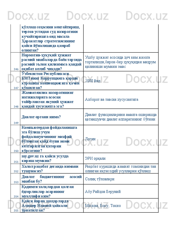 қўллаш соҳасини кенгайтириш, 
тергов устидан суд назоратини 
кучайтиришга оид масала 
Ҳаракатлар стратегиясининг 
қайси йўналишида қамраб 
олинган? 
346 Норматив-ҳуқуқий ҳужжат 
расмий манбаларда баён тарзида
расмий эълон қилинмаса қандай
оқибат келиб чиқади?  Ушбу ҳужжат асосида ҳеч ким жазога 
тортилиши,бирон-бир ҳуқуқидан маҳрум 
қилиниши мумкин эмас 
347 Ўзбекистон Республикаси 
БМТнинг Коррупцияга қарши 
курашиш конвенциясига қачон 
қўшилган?  2008 йил 
348 Жамоатяилик назоратининг 
натижаларига асосан 
тайёрланган якуний ҳужжат 
қандай хусусиятга эга?  Ахборот ва тавсия хусусиятига 
349 Давлат органи нима?  Давлат функцияларини амалга оширишда
қатнашувчи давлат аппаратининг бўғини 
350 Компьютердан фойдаланишга 
эга бўлиш учун 
фойдаланувчининг махфий 
бўлмаган қайд ёзуви номи 
келтирилган қаторни 
кўрсатинг?  Логин 
351 my.gov.uz га қайси усулда 
кириш мумкин?  ЭРИ орқали 
352 Халол рақобат деганда нимани 
тушунасиз?  Рақобат курашида жамият томонидан тан
олинган иқтисодий усулларни қўллаш 
353 Давлат   бюджетининг   асосий
манбаи бу?  Солиқ тўловлари 
354 Қадимги халқлардан қолган 
ёдгорликлар асарининг 
муаллифи ким?  Абу Райҳон Беруний 
355 Қайси йирик шаҳарларда 
Алишер Навоий ҳайкали 
ўрнатилган?  Москва, Боку, Токио  